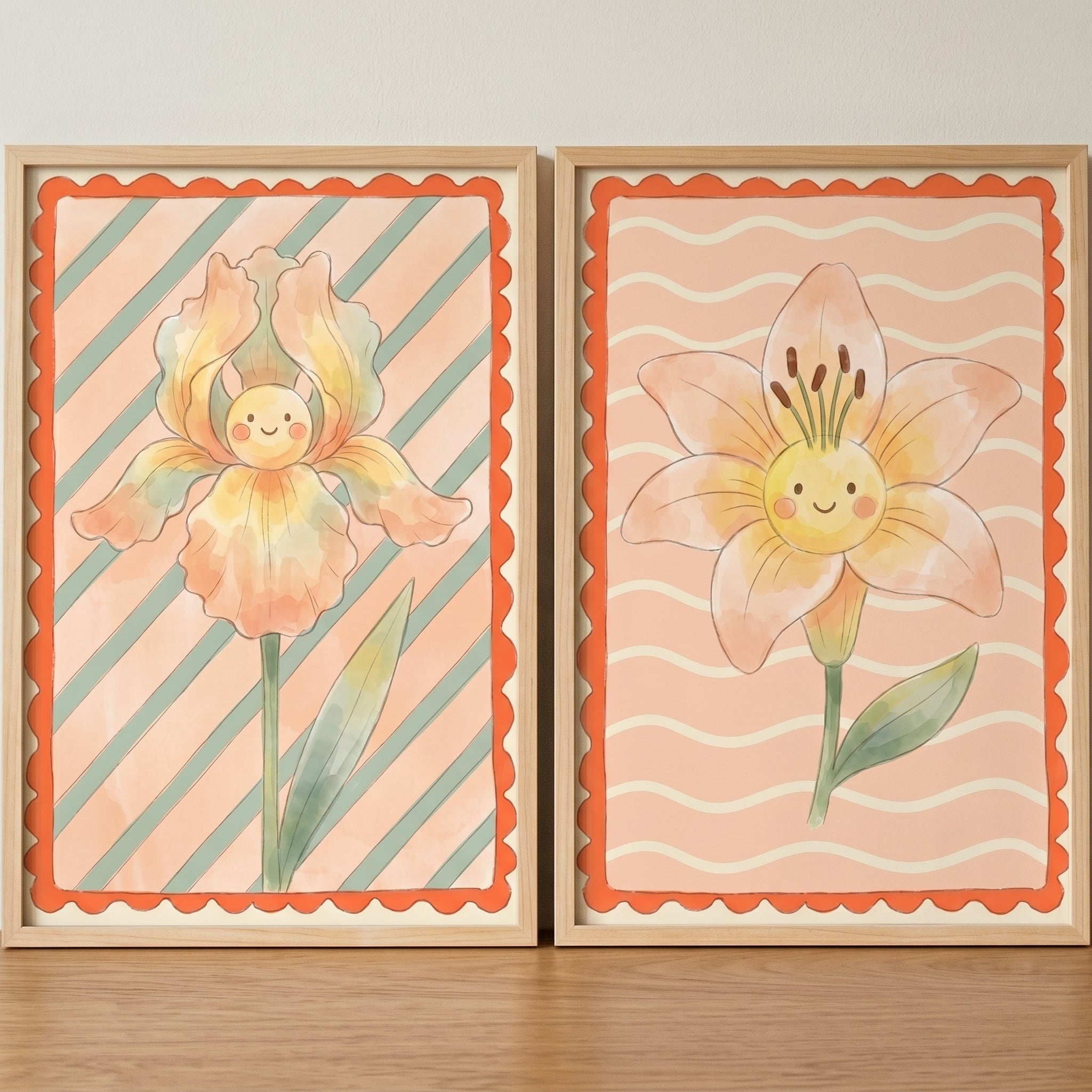Cozy Cottagecore Smiling Flower Wall Art Set of 2 - Whimsical Flower Duo