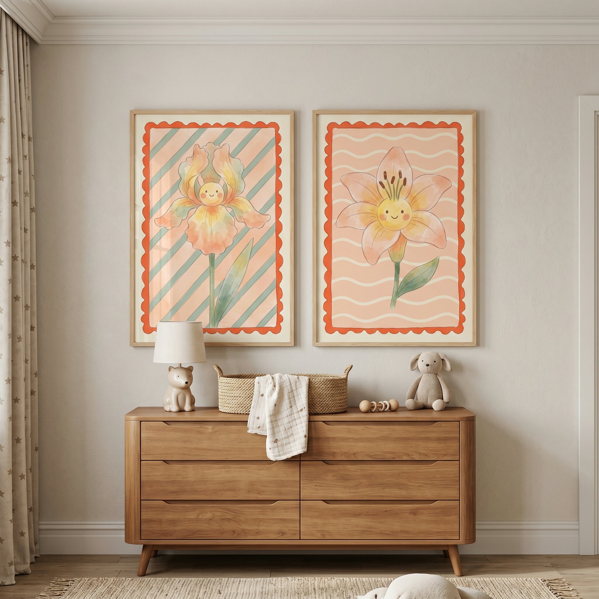 Cozy Cottagecore Smiling Flower Wall Art Set of 2 - Whimsical Flower Duo