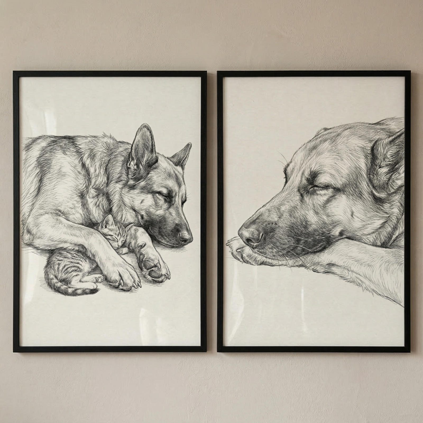 A pair of black-framed artworks hang side-by-side on a neutral-toned wall. Both pieces are detailed charcoal or pencil sketches. The sketch on the left features a large, long-haired dog sleeping peacefully while curled around and cuddling a small, sleeping kitten. The sketch on the right is a close-up of a similar large dog's head, also asleep with its chin resting on its paws. The illustrations emphasize the soft texture of the fur and a sense of calm.