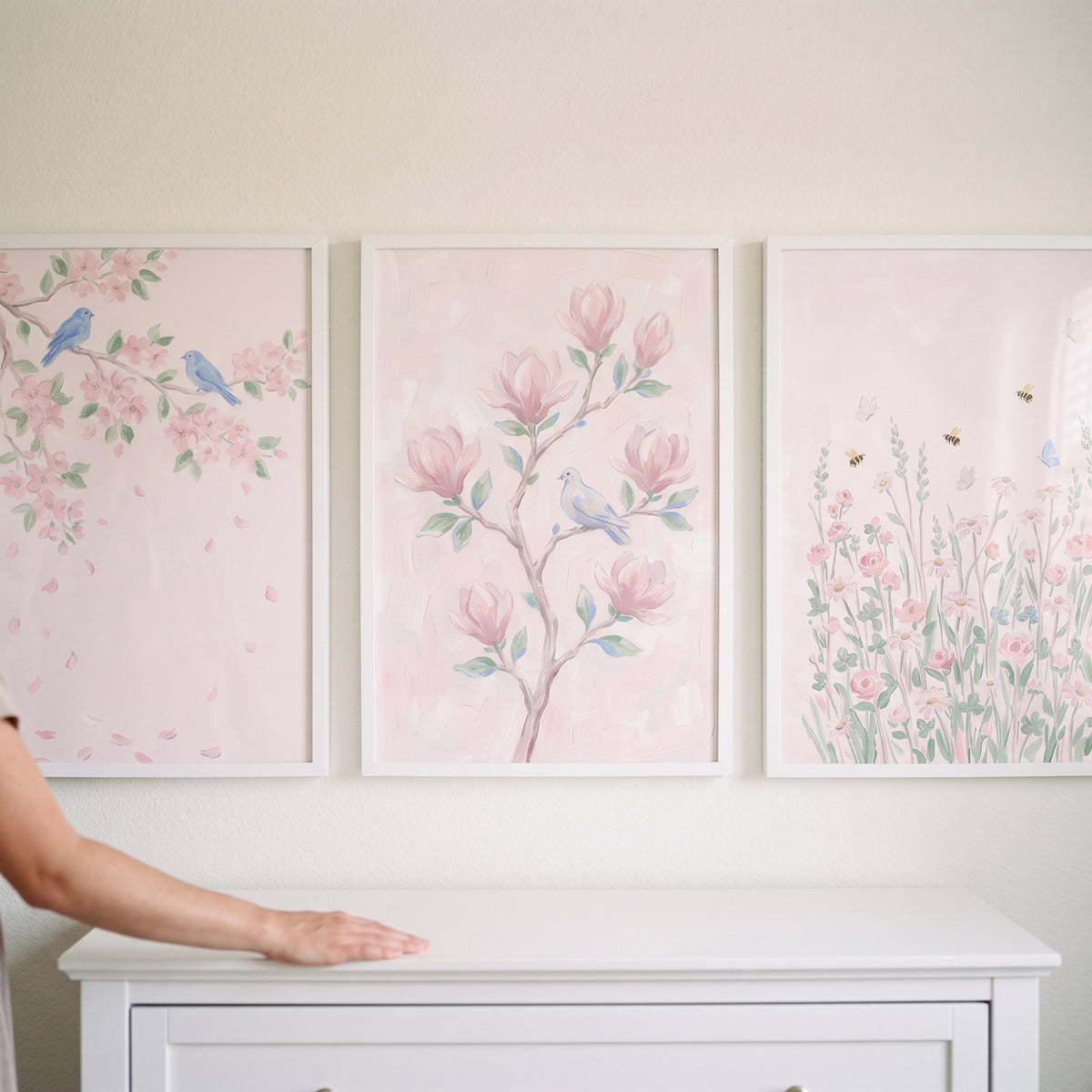 Cozy Pastel Pink Garden Wall Art Set of 3 - Pastel Spring Bloom