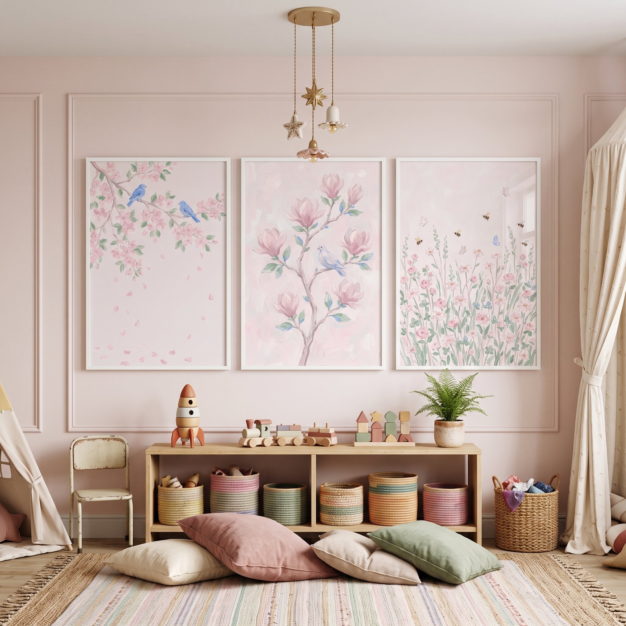 Cozy Pastel Pink Garden Wall Art Set of 3 - Pastel Spring Bloom