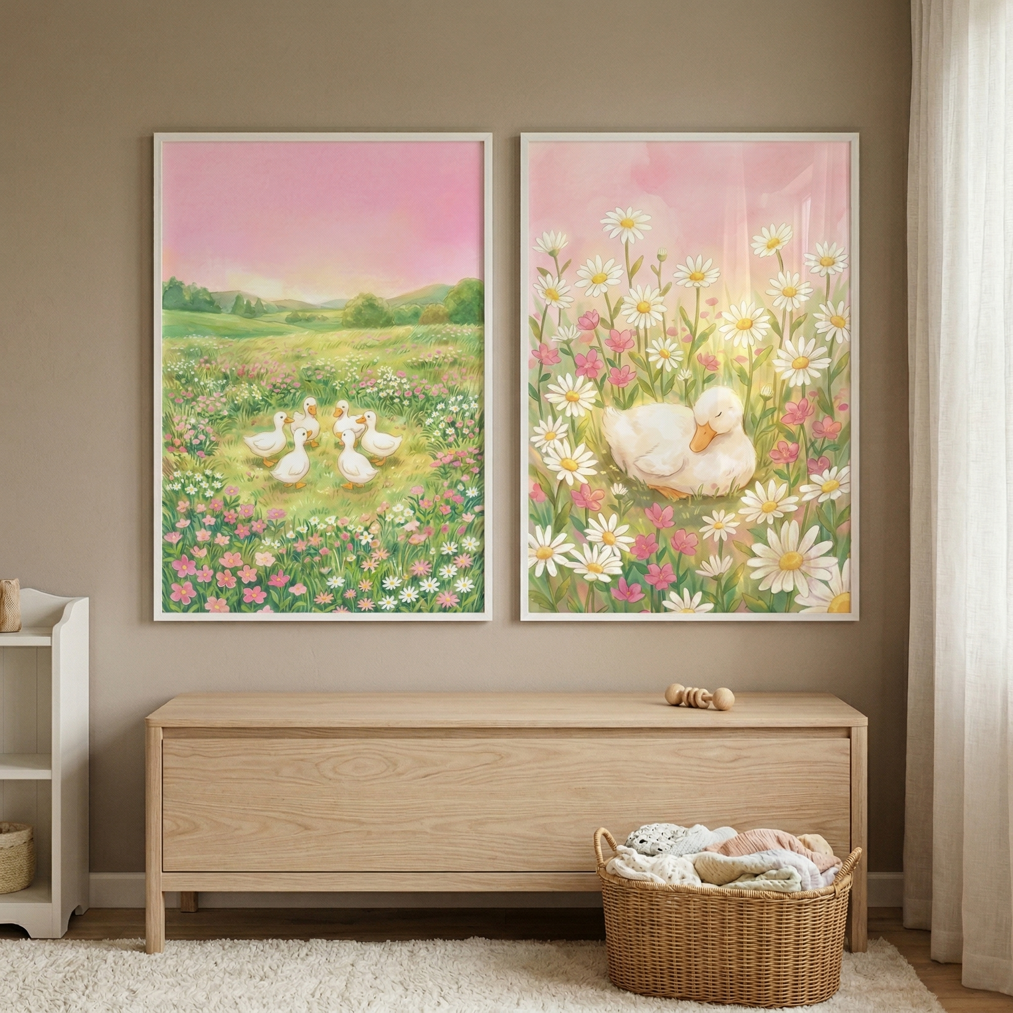 Cozy Spring Meadow Duck Wall Art Set of 2 - Pastel Meadow Ducks