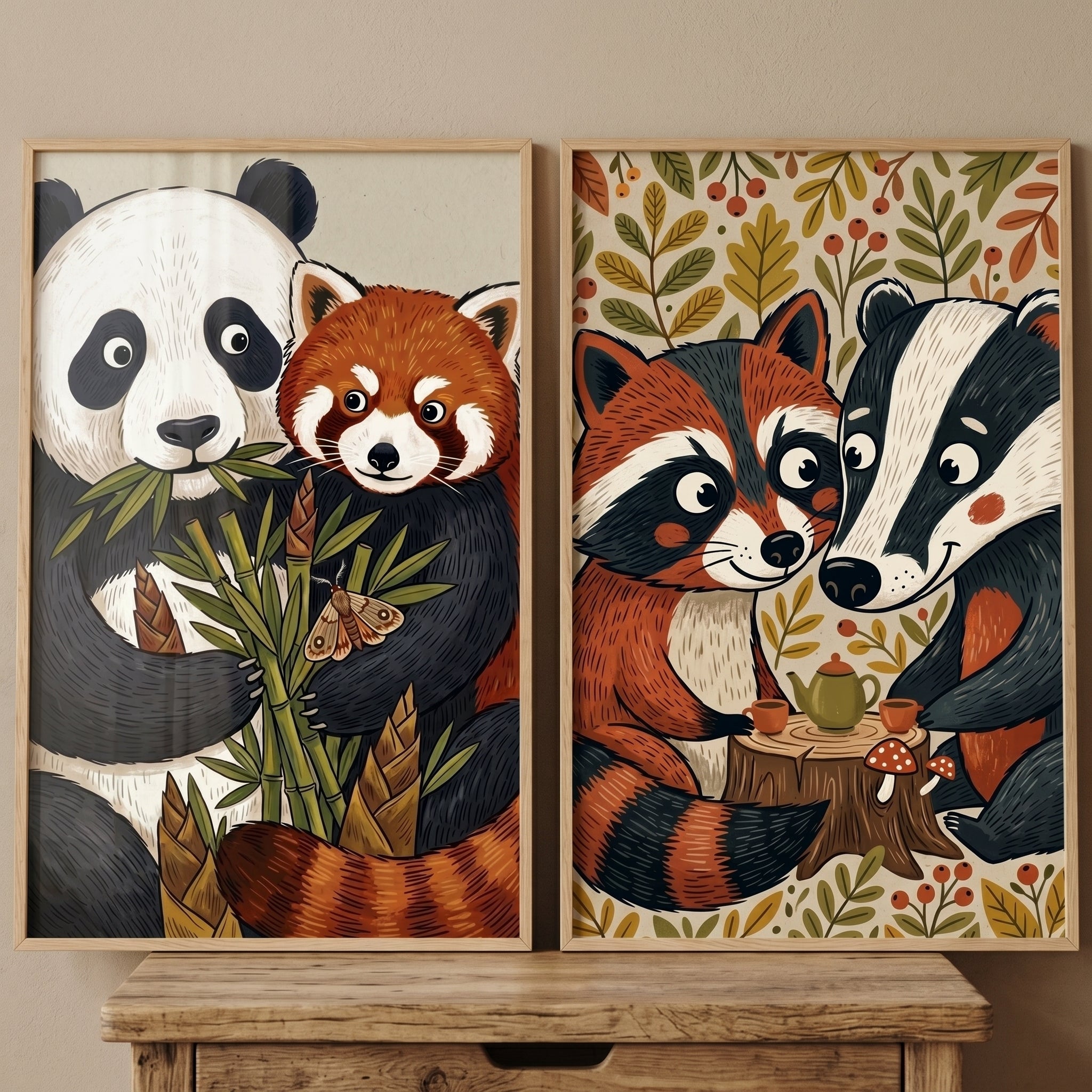 Cozy Storybook Animal Wall Art Set Of 2 - Bamboo Forest Friends