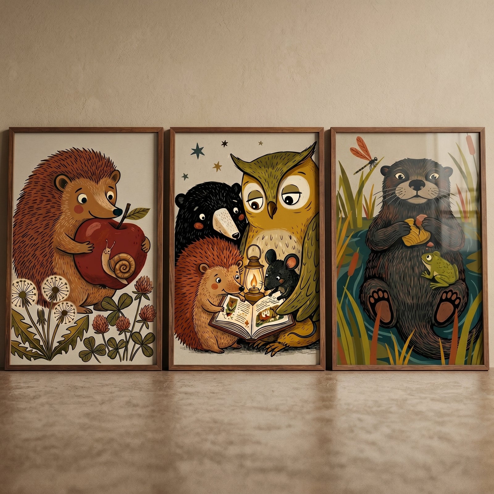 Cozy whimsical woodland creatures wall art set of 3 with a hedgehog and apple, reading animals, and an otter with a frog.