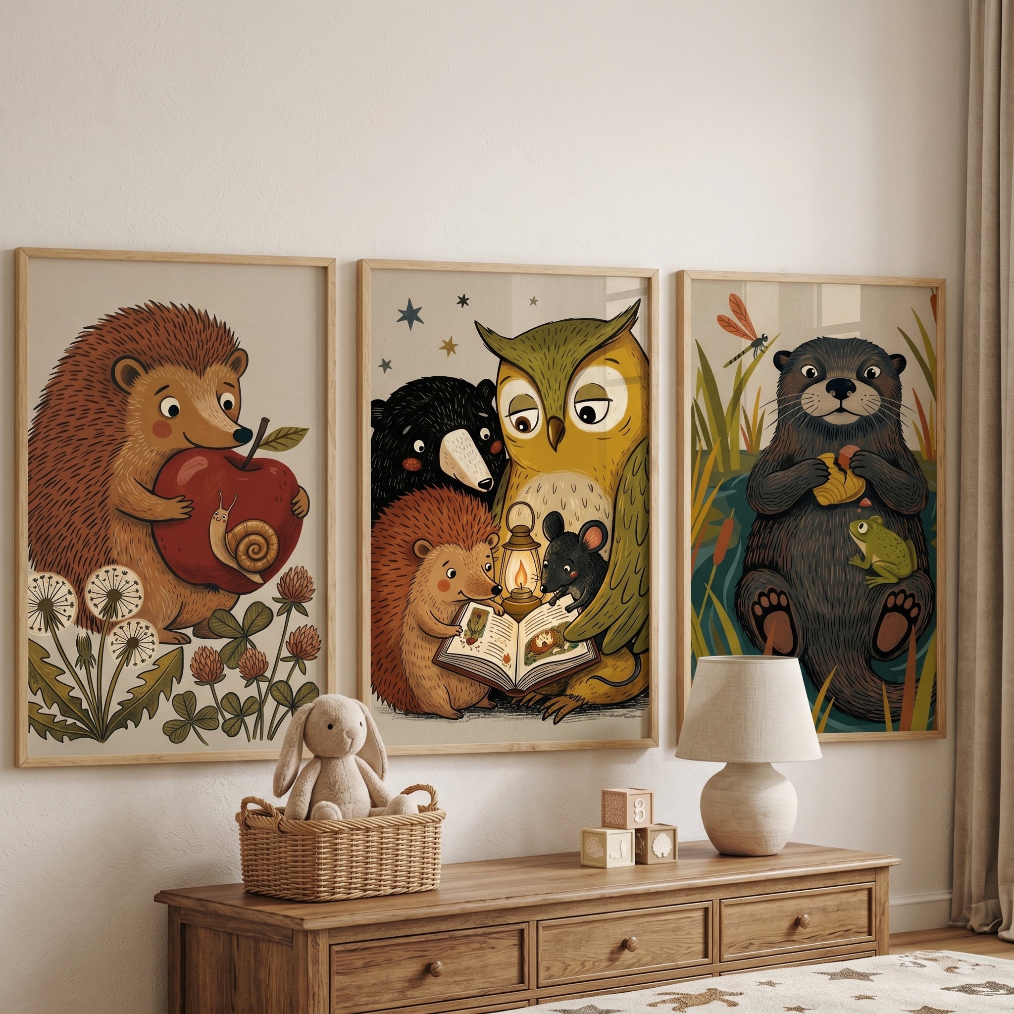 Cozy Whimsical Woodland Creatures Wall Art Set of 3 - Whimsical Animal Tales