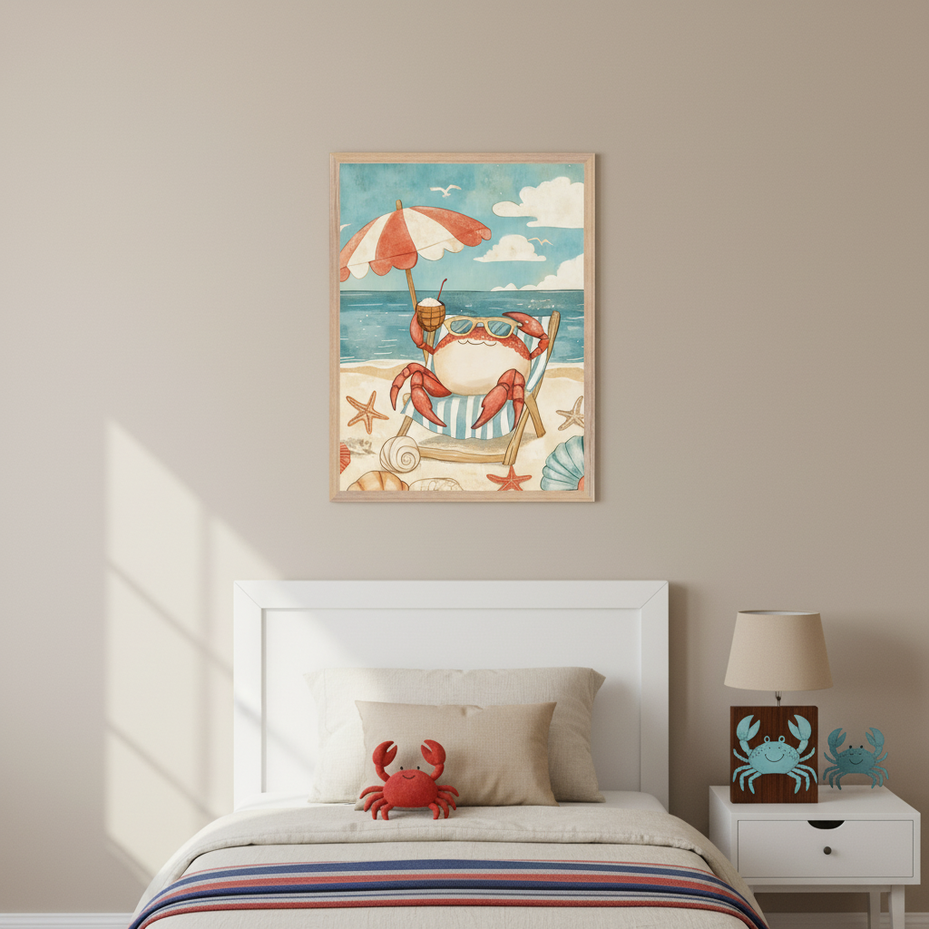 Kid's bedroom with a white headboard bed and nightstand. Above the bed, a framed watercolor-style cartoon crab in sunglasses relaxes on a beach chair under an umbrella.