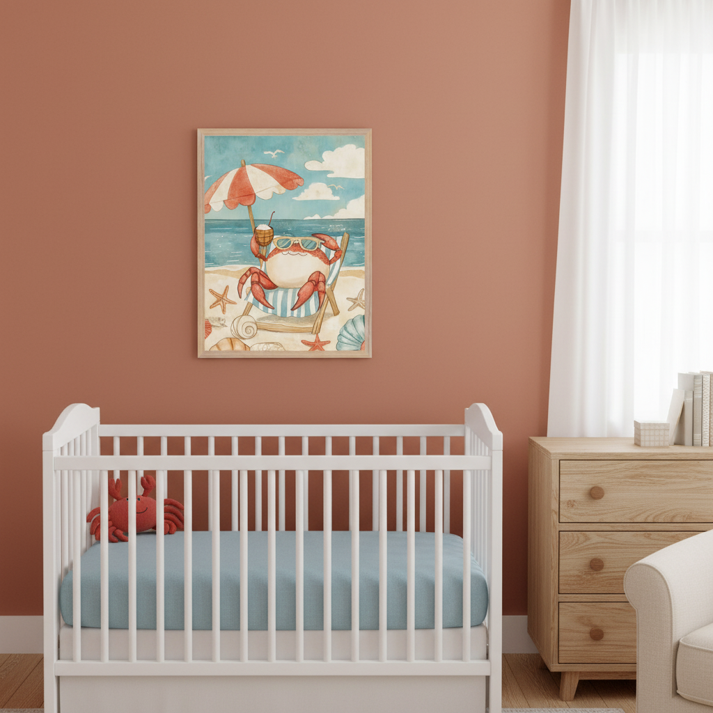 Nursery with a rust-colored wall. A framed watercolor illustration of a crab in sunglasses on a beach chair with a drink under an umbrella hangs above a white crib with a light blue sheet. A light wood dresser is to the right.