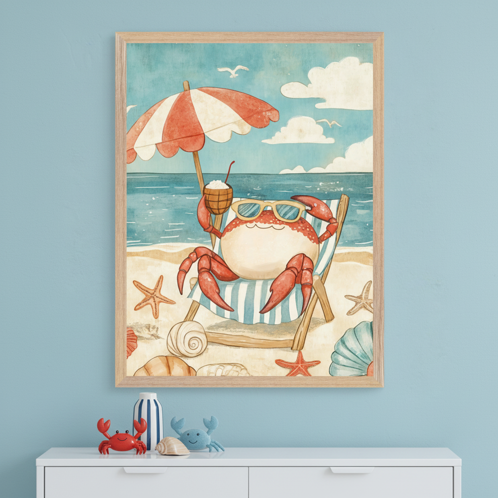 Kid's room with a light blue wall and white dresser. A framed watercolor-style print of a cartoon crab relaxing on a beach in a chair under an umbrella hangs centrally above the dresser. Nautical decor sits on the dresser.
