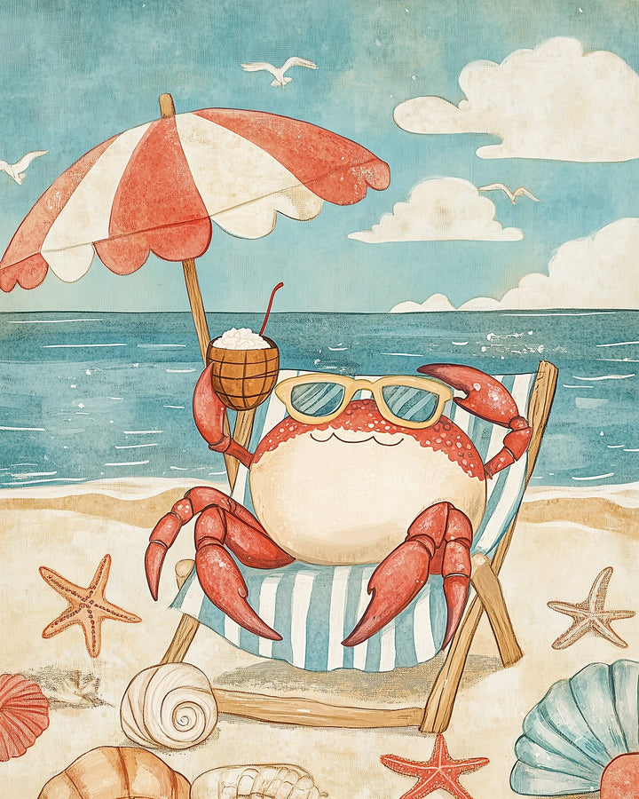 A cheerful cartoon crab relaxes on a striped deck chair at the beach, wearing sunglasses and holding a coconut drink with a straw. It sits under a red and white beach umbrella, surrounded by seashells and starfish, with the ocean and seagulls in the background.