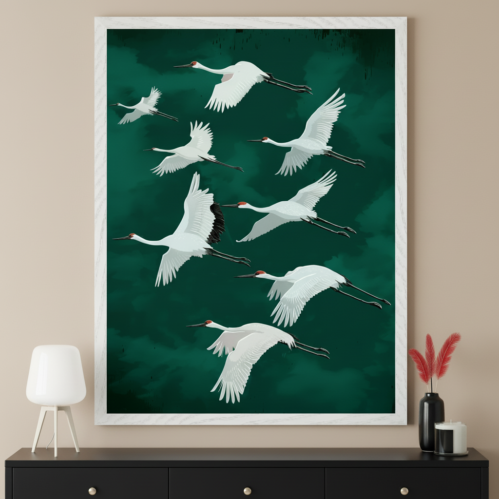 Modern living room with a black dresser. A large framed print of many white cranes flying against a dark green background in an illustrative style hangs centered above the dresser.