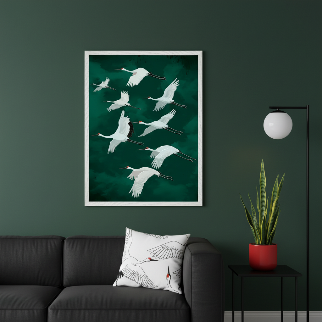 Modern living room with a black sofa. A large framed print of white cranes in flight against a dark green textured background hangs above the sofa. A white cushion with cranes rests on the sofa. To the right are a black floor lamp and a snake plant in a red pot.