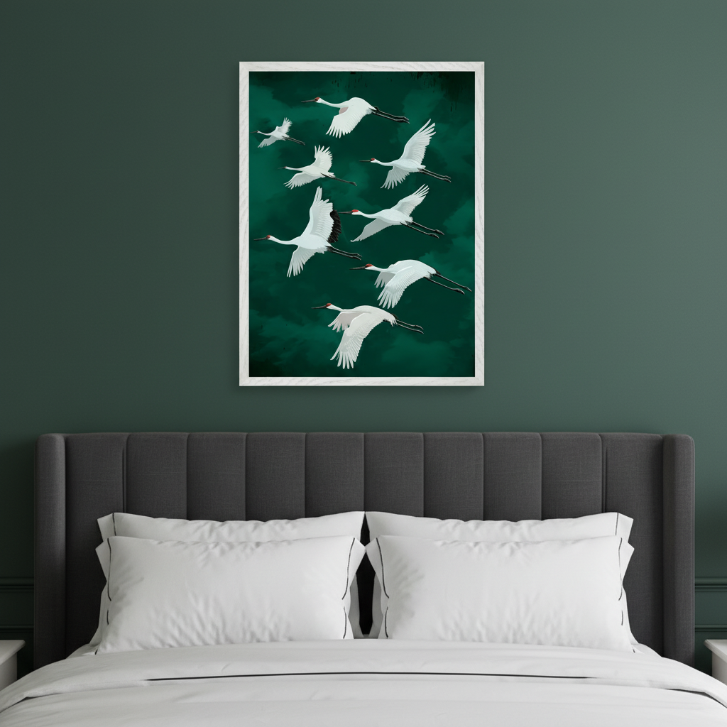 Modern bedroom with a dark gray upholstered bed and white bedding. A large, white-framed vertical illustration of eight white cranes flying against a dark green background hangs centered above the bed's headboard.