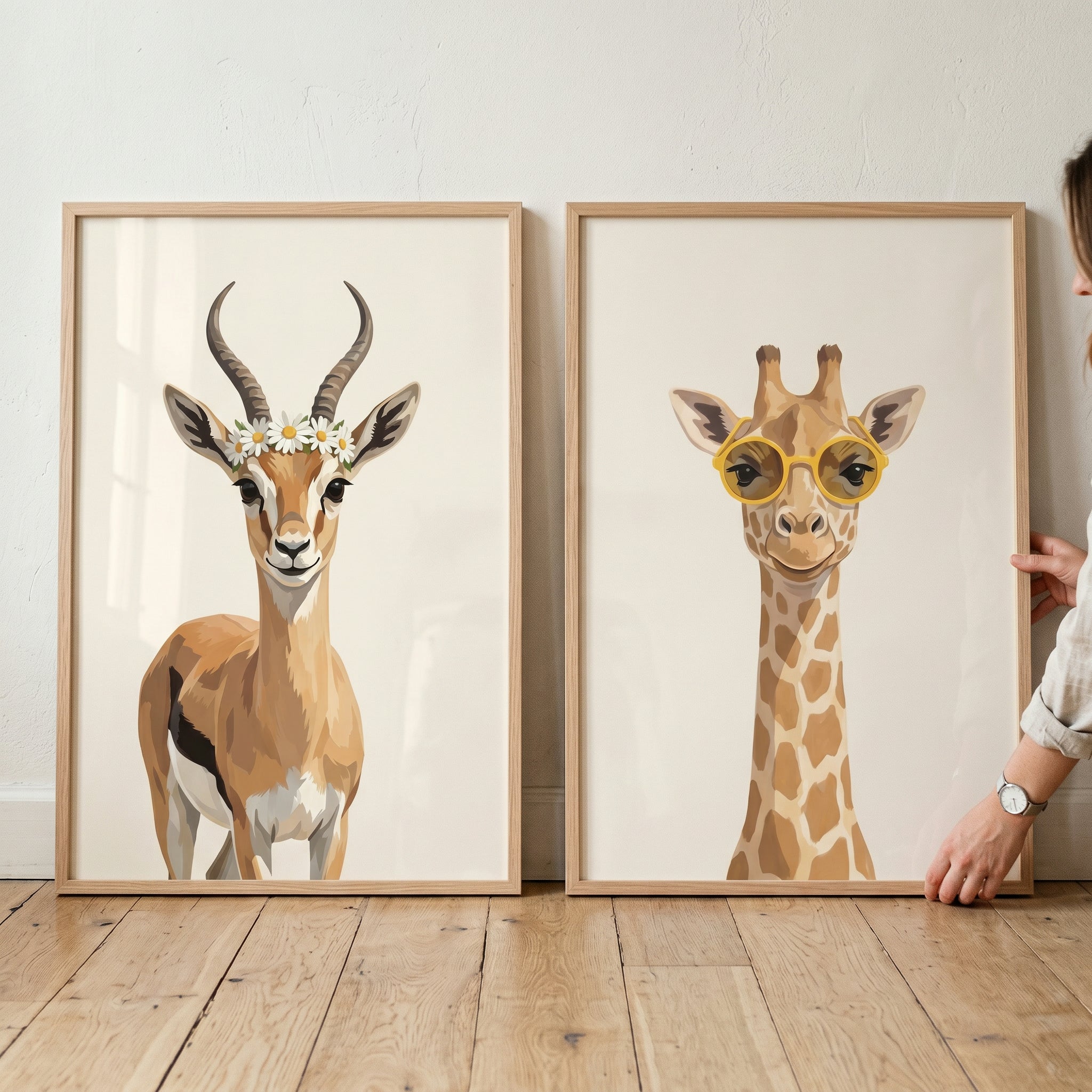 Cream Accessorized Safari Animals Wall Art Set of 2 - Quirky Savanna Pair