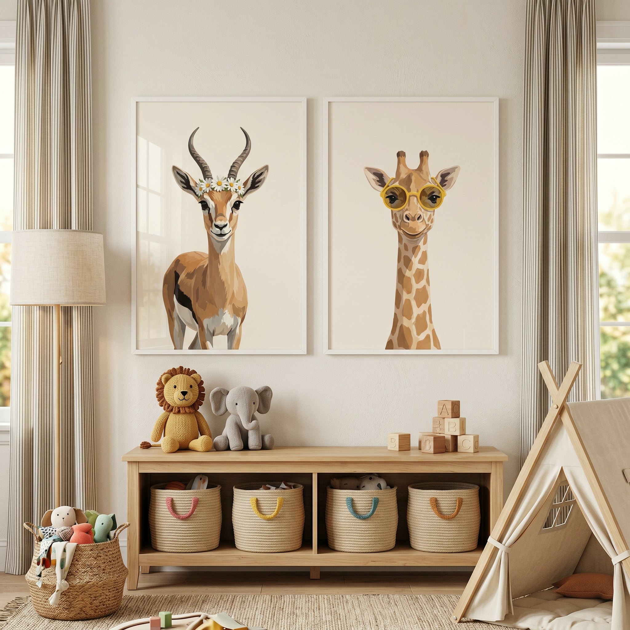 Cream Accessorized Safari Animals Wall Art Set of 2 - Quirky Savanna Pair