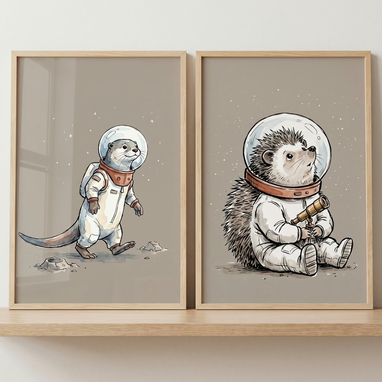 Cream beige astronaut animal wall art set of 2 shows an otter walking and a hedgehog with a telescope on a moon surface.