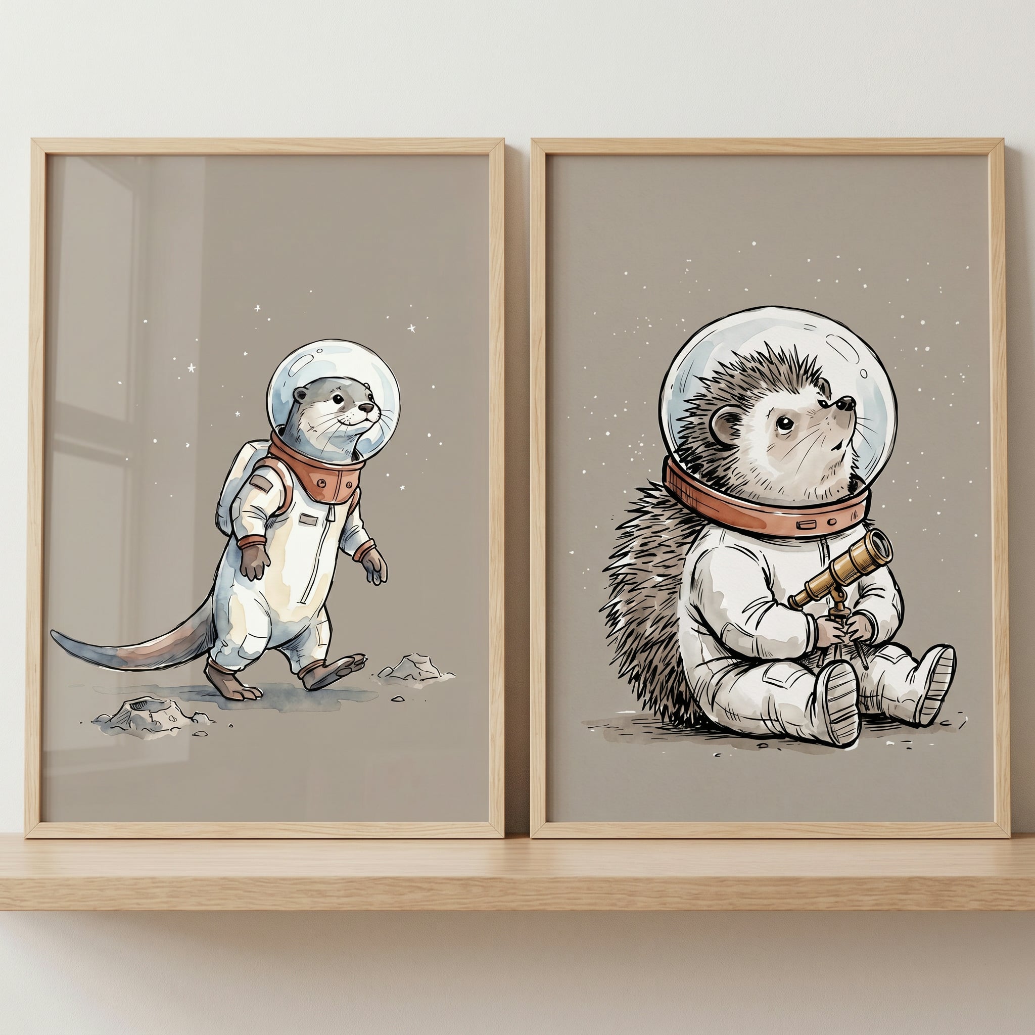 Cream Beige Astronaut Animal Wall Art Set of 2 - Space Animal Explorers