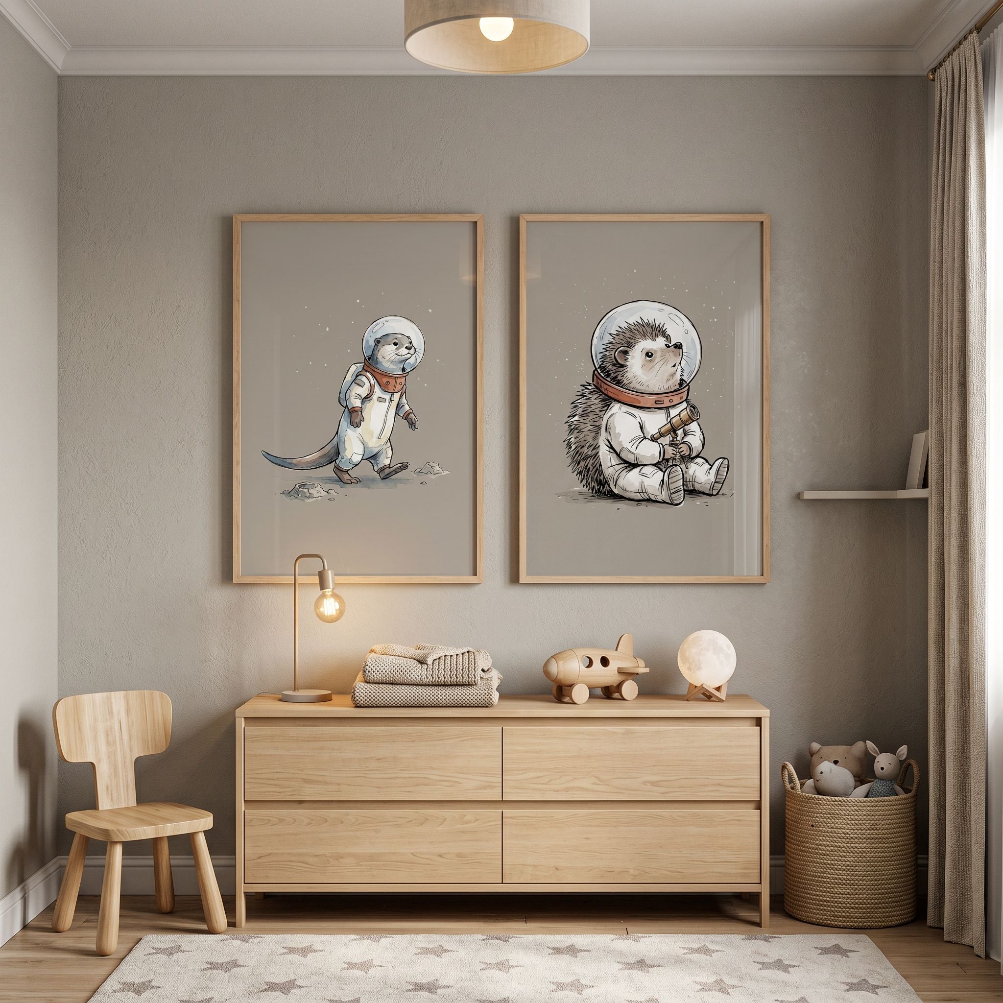 Cream Beige Astronaut Animal Wall Art Set of 2 - Space Animal Explorers