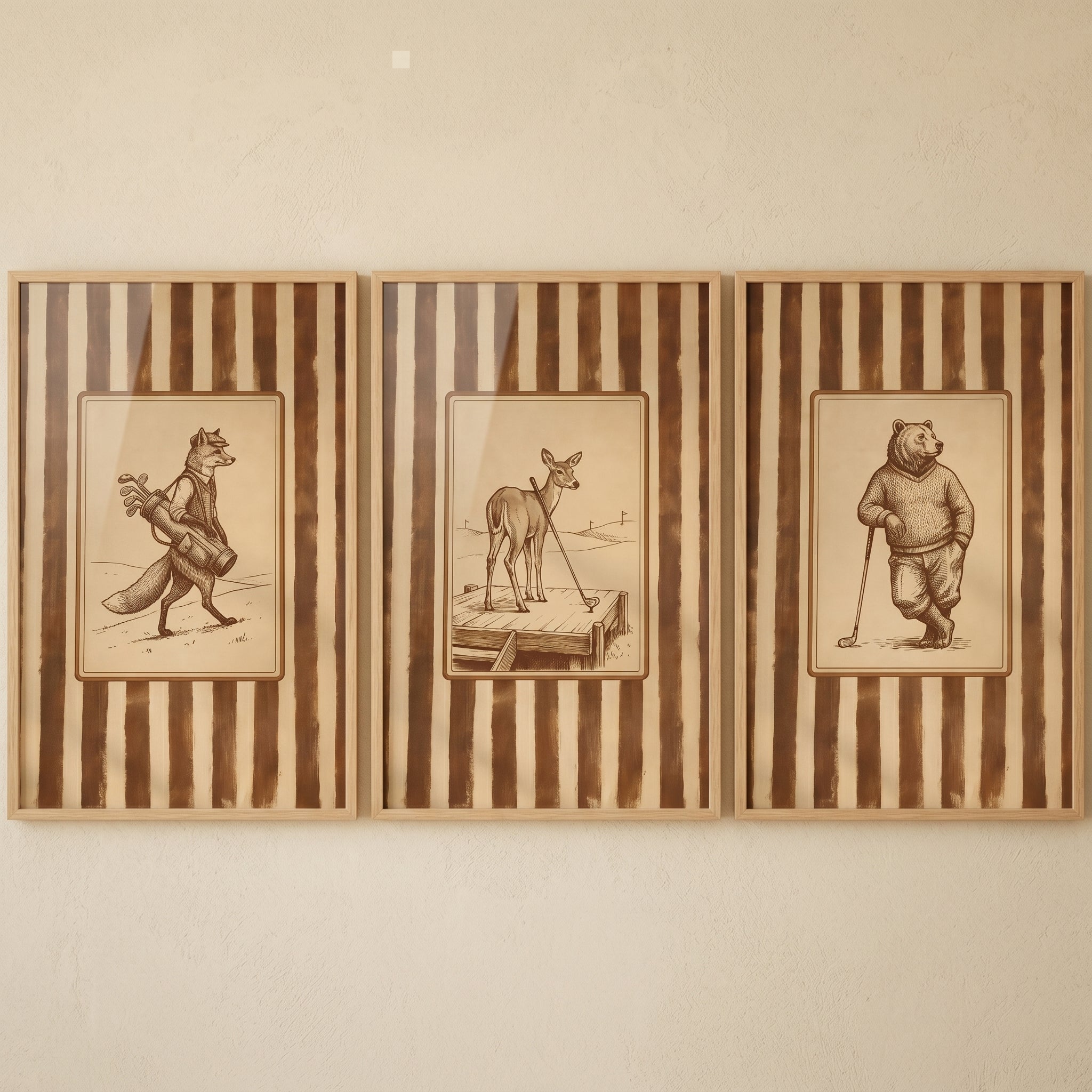 Cream Striped Golfing Animal Print Set of 3 - Rustic Fairway Friends