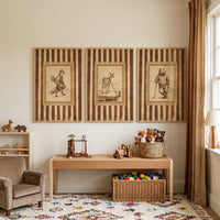 cream striped golfing animal print set of 3 with a fox, deer, and bear above a wooden play table with toys and a rug.