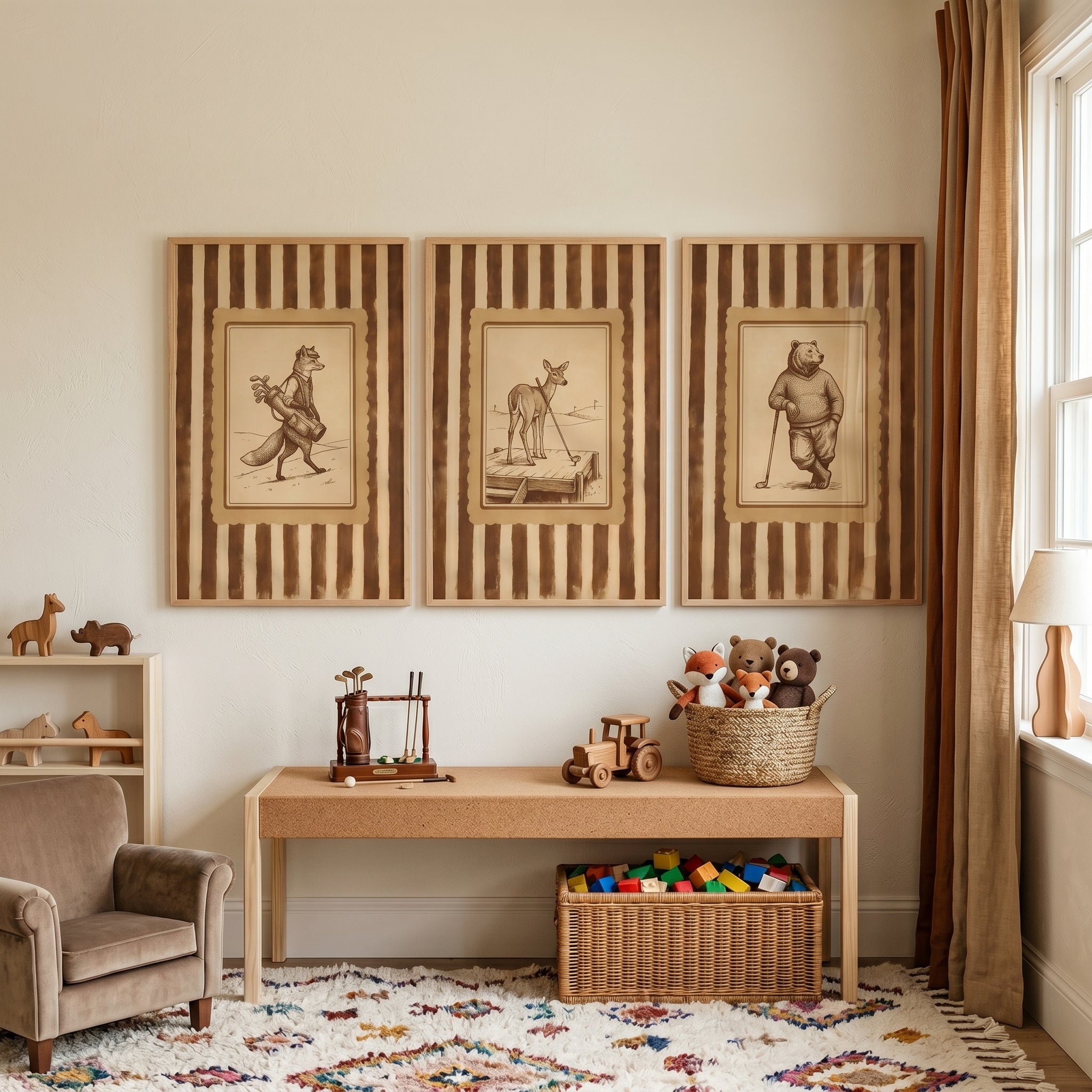 Cream Striped Golfing Animal Print Set of 3 - Rustic Fairway Friends