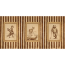 Three panel collage showing a fox carrying golf clubs, a deer golfing on a dock, and a bear holding a golf club, styled as vintage animal wall art for nursery or rustic decor.


