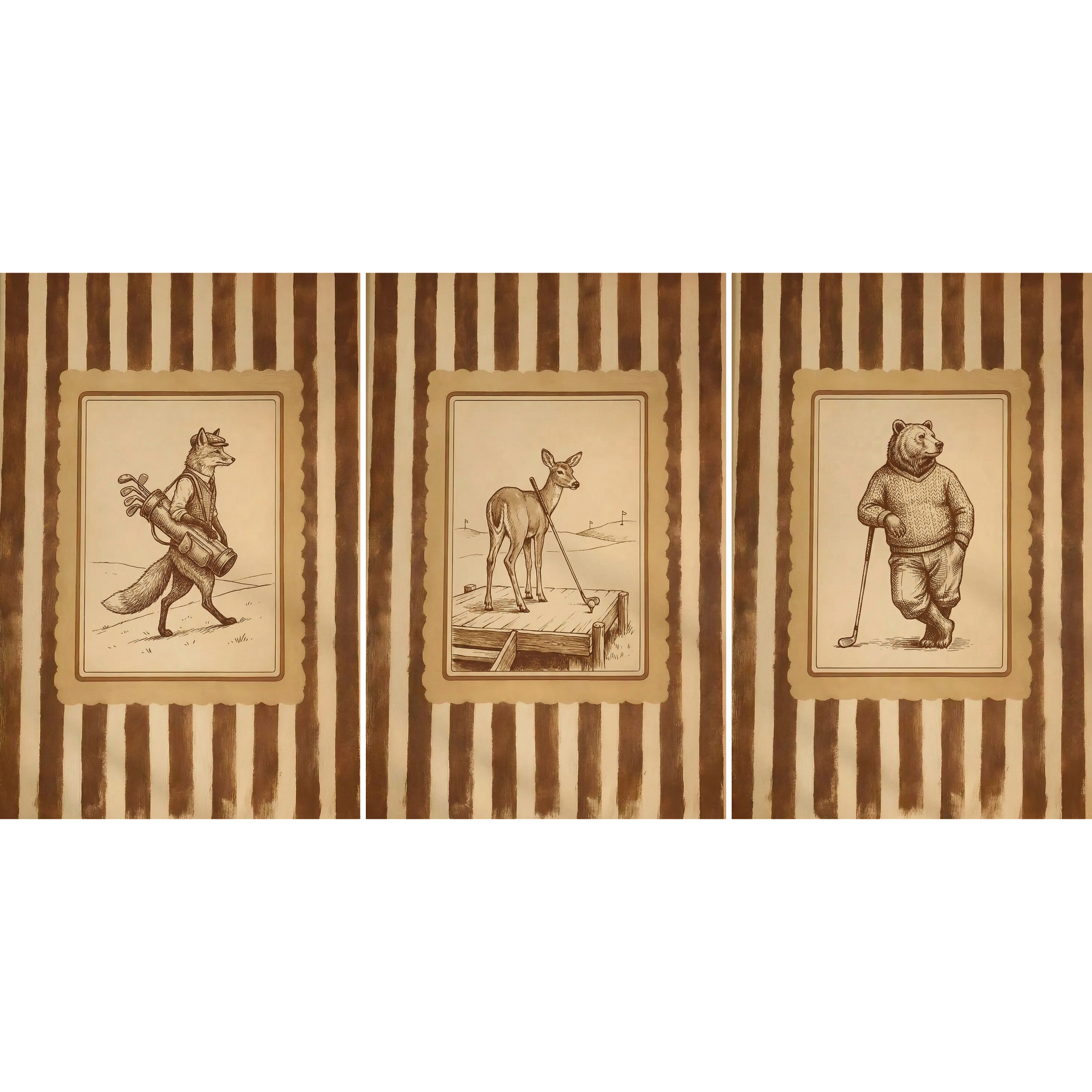 Three panel collage showing a fox carrying golf clubs, a deer golfing on a dock, and a bear holding a golf club, styled as vintage animal wall art for nursery or rustic decor.

