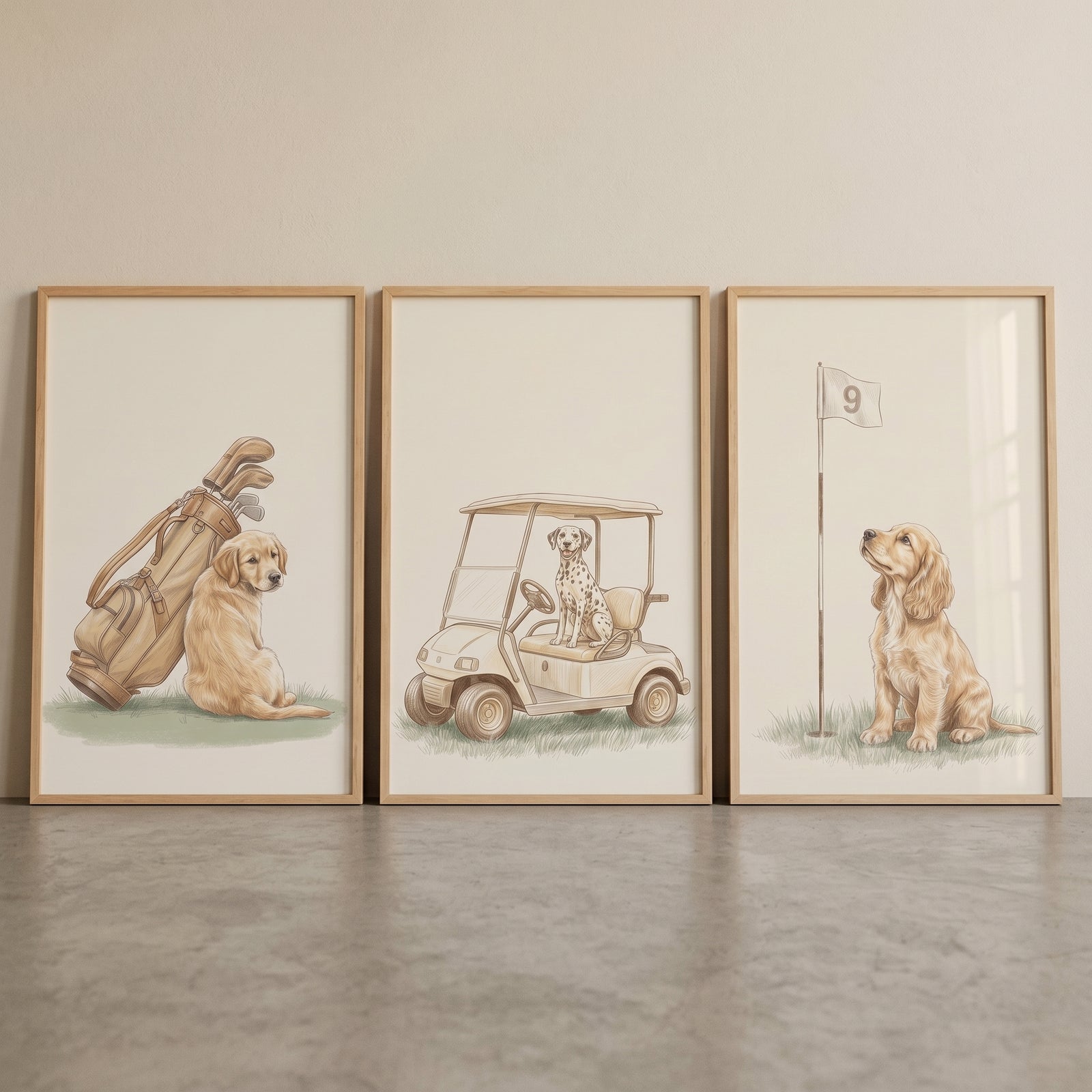 Cream watercolor golfing dogs wall art set of 3 features dogs with a golf bag, a golf cart, and a flag.