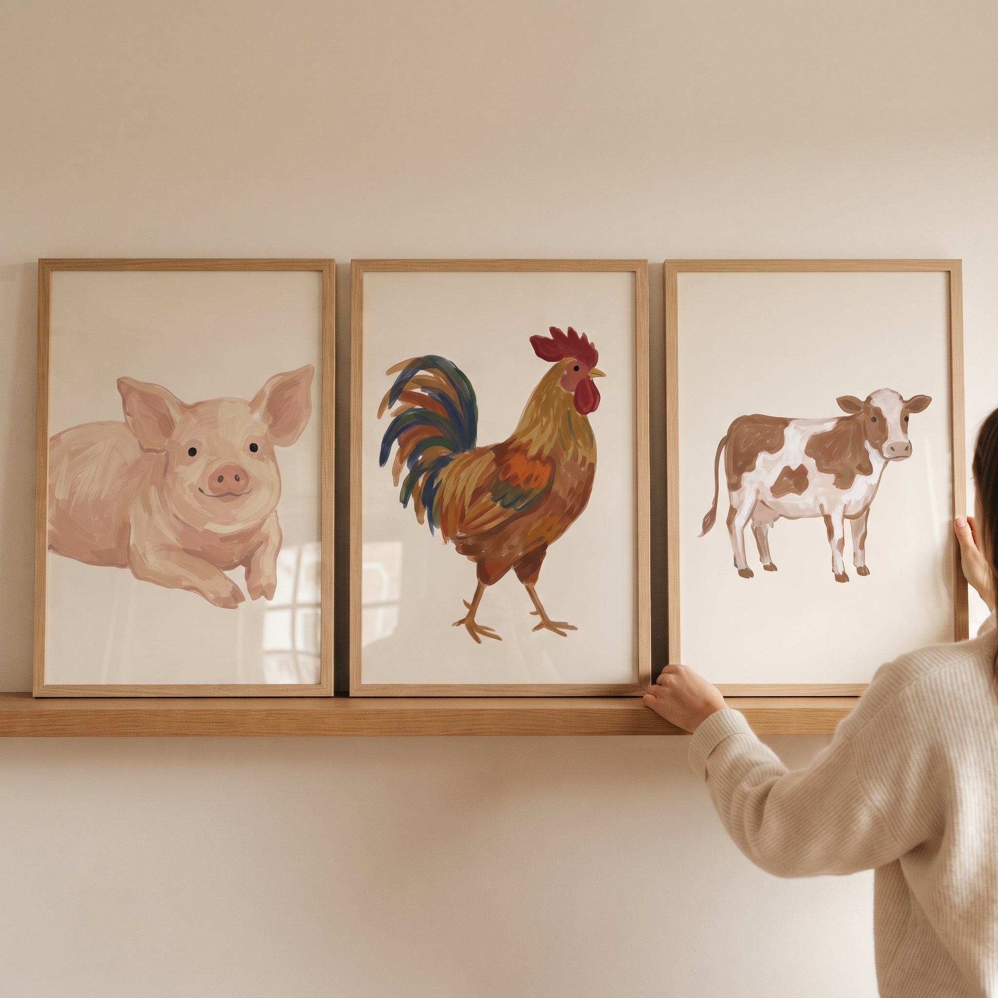 Creamy Beige Farm Animals Wall Art Set of 3 - Country Livestock Set