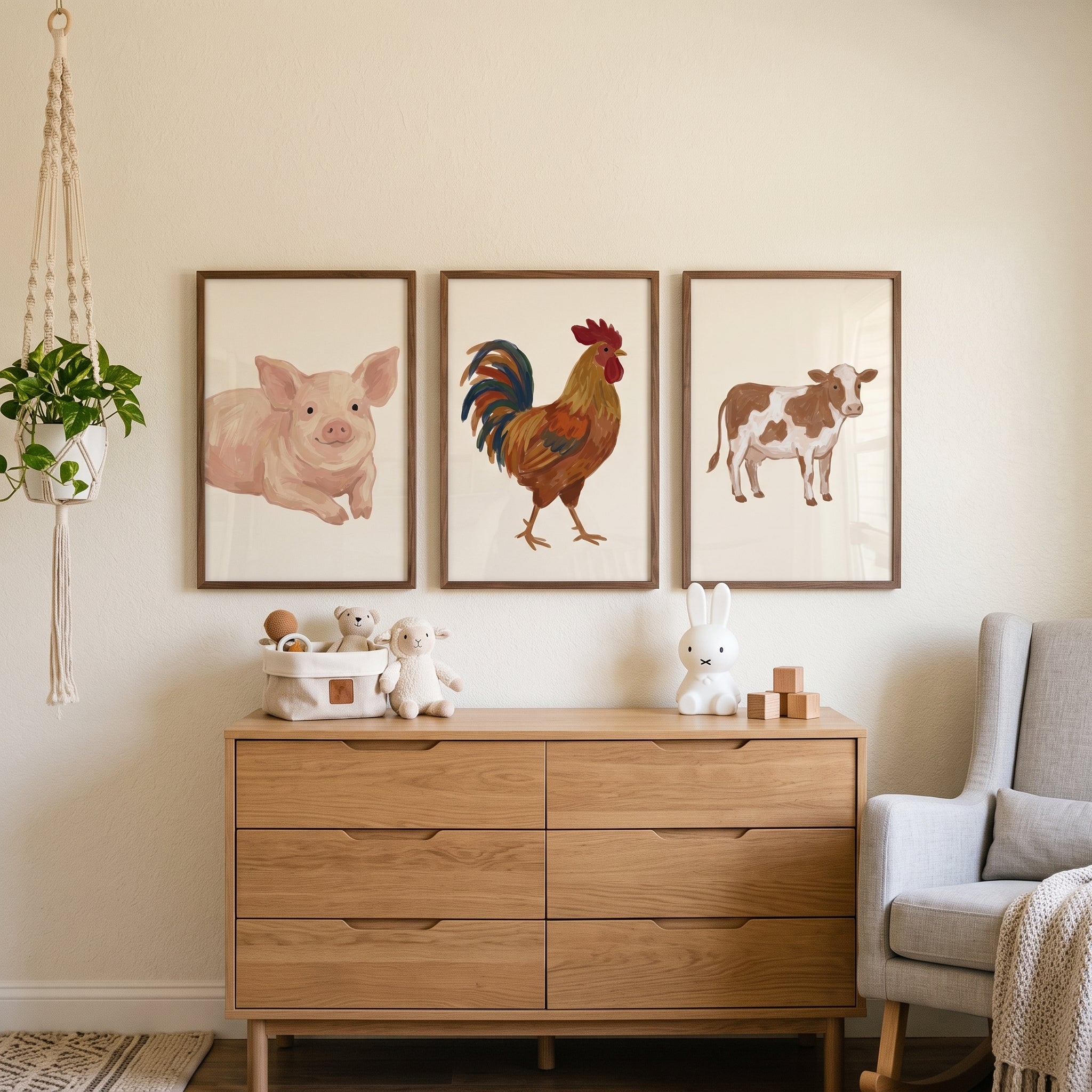 Creamy Beige Farm Animals Wall Art Set of 3 - Country Livestock Set