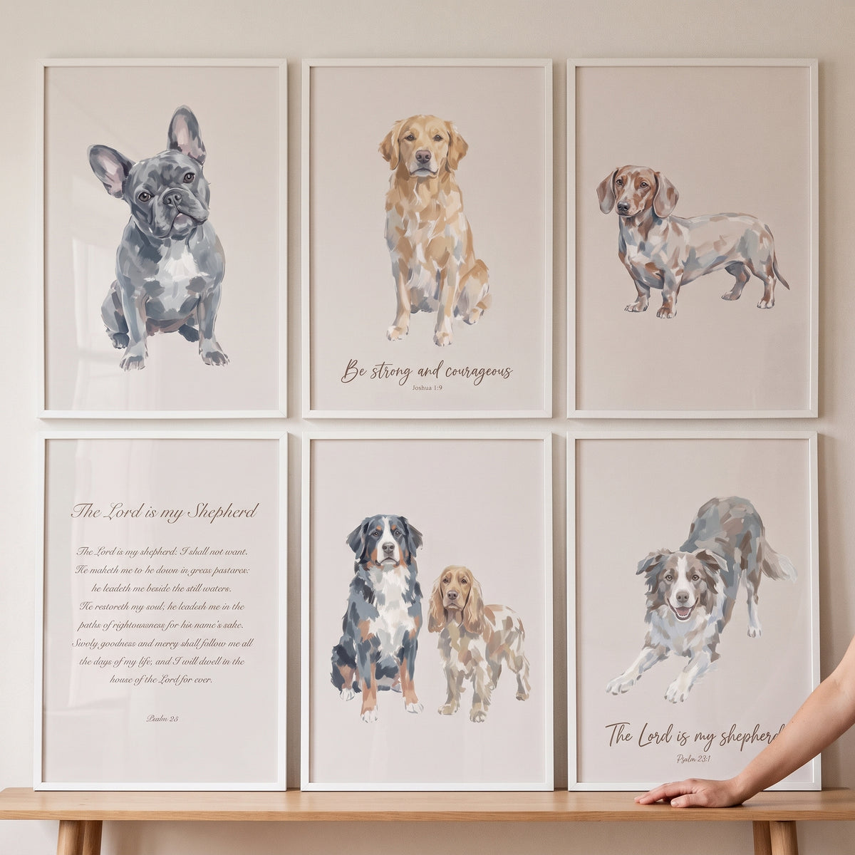 Creamy beige scripture dogs wall art set of 6 featuring watercolor illustrations and religious verses in white frames.