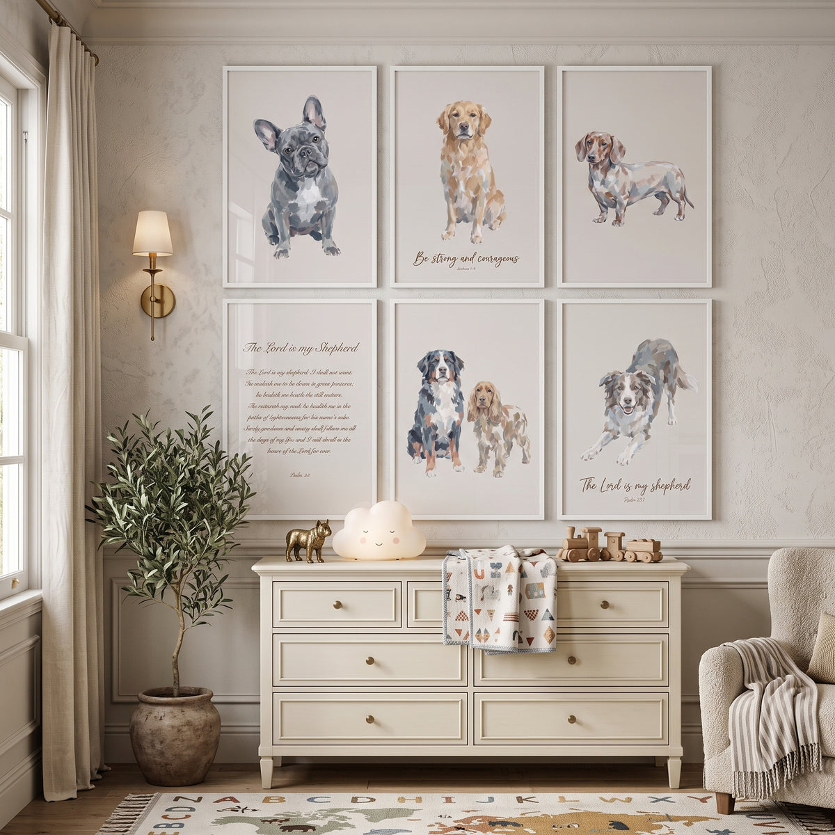 Creamy Beige Scripture Dogs Wall Art Set of 6 - Faithful Pet Verses