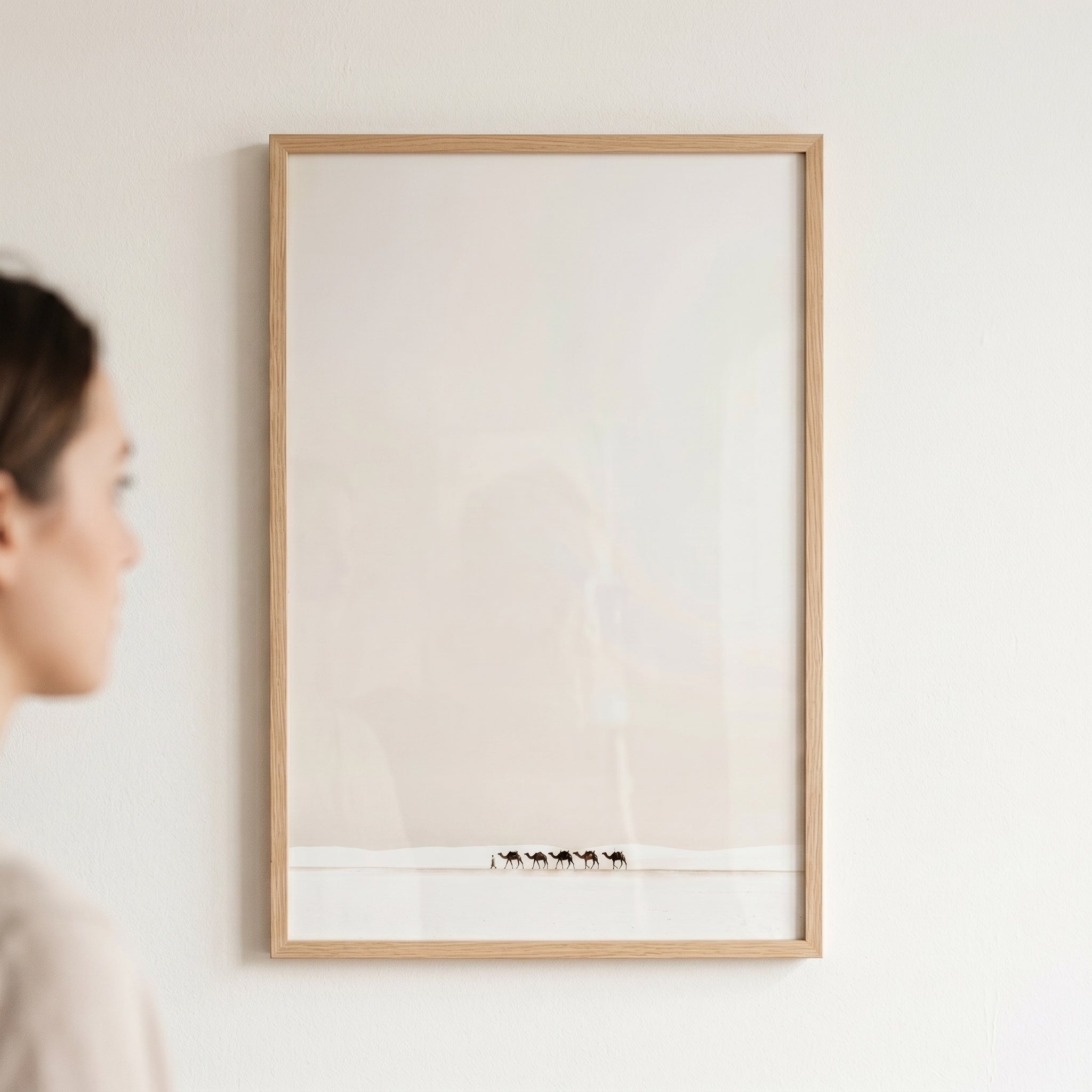 Creamy Minimalist White Camel Wall Art - Desert Caravan