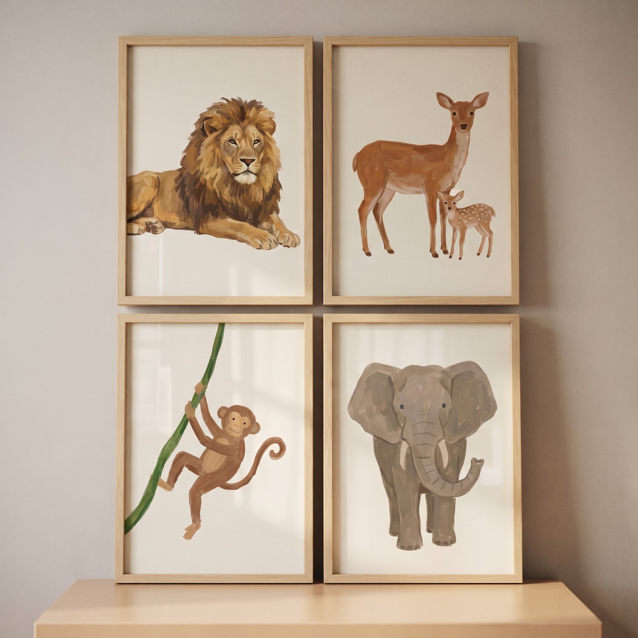 Creamy Neutral Animals Wall Art Set of 4 - Gentle Jungle Friends