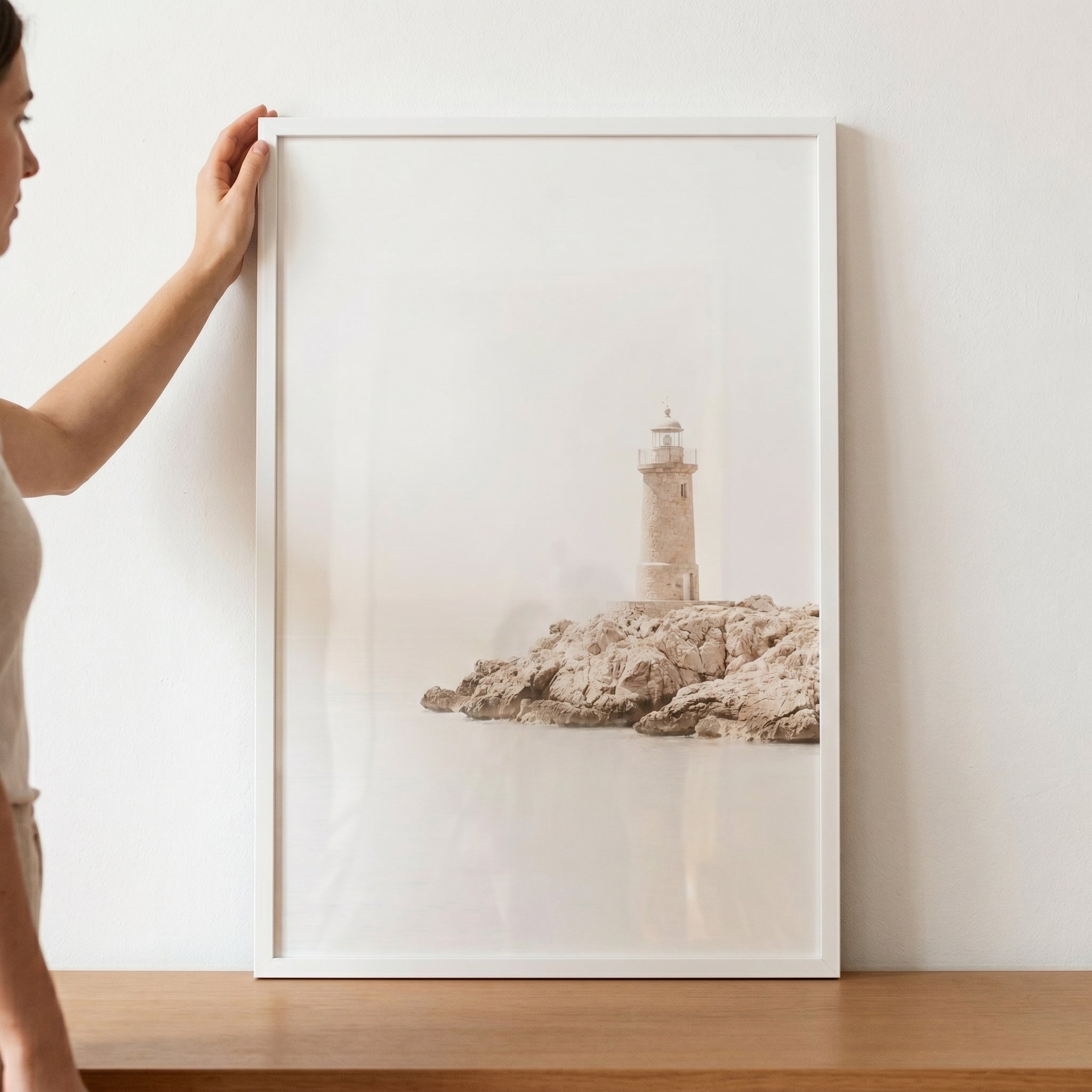 Creamy Neutral Coastal Lighthouse Wall Art - Silent Sentinel
