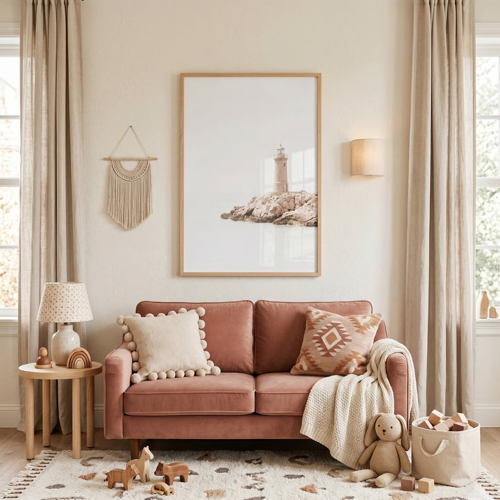Creamy neutral coastal lighthouse wall art above a pink sofa with pillows, a soft throw, wooden toys, and beige curtains.