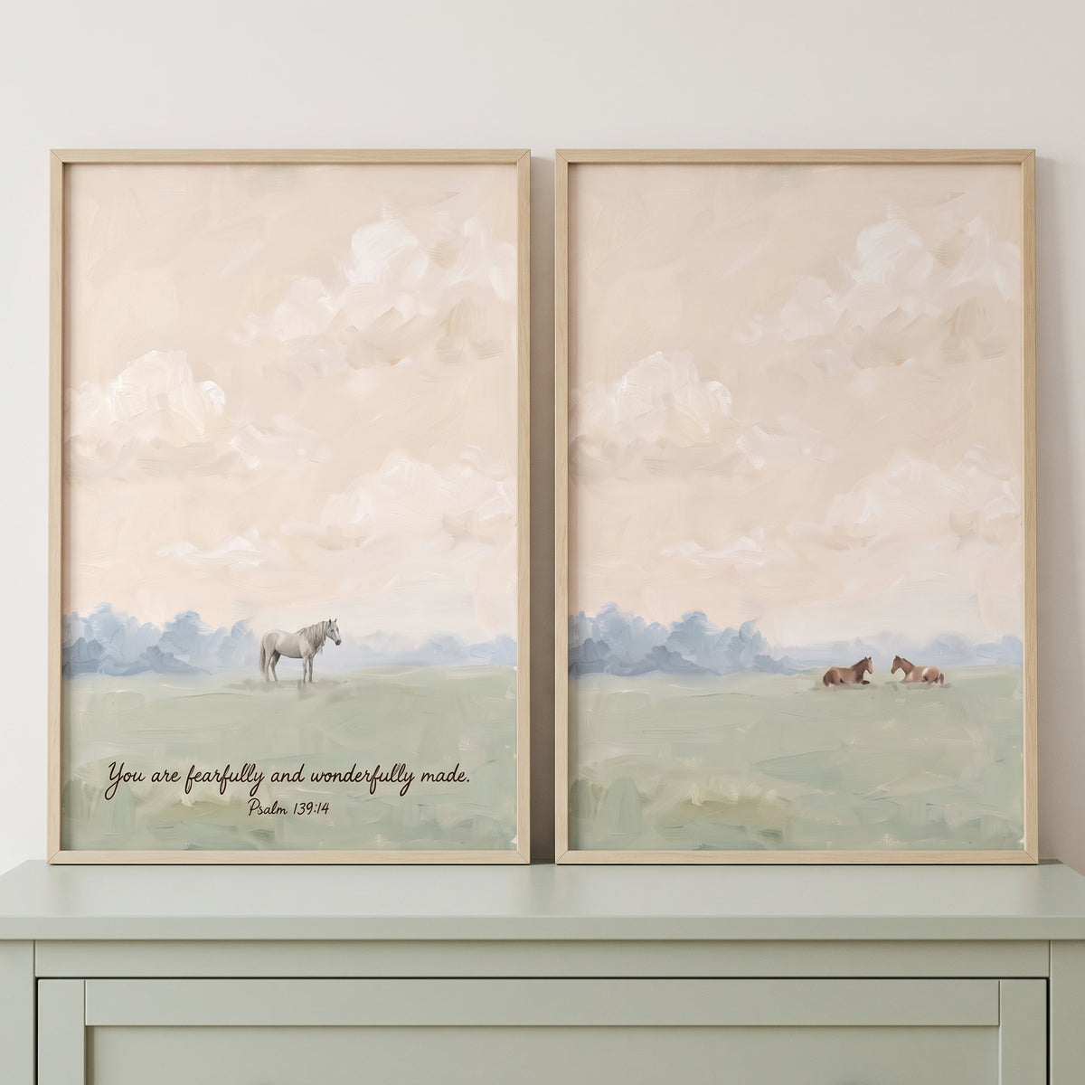 Creamy peach clouds horse wall art set of 2 in wood frames features a Bible verse on soft landscape illustrations.