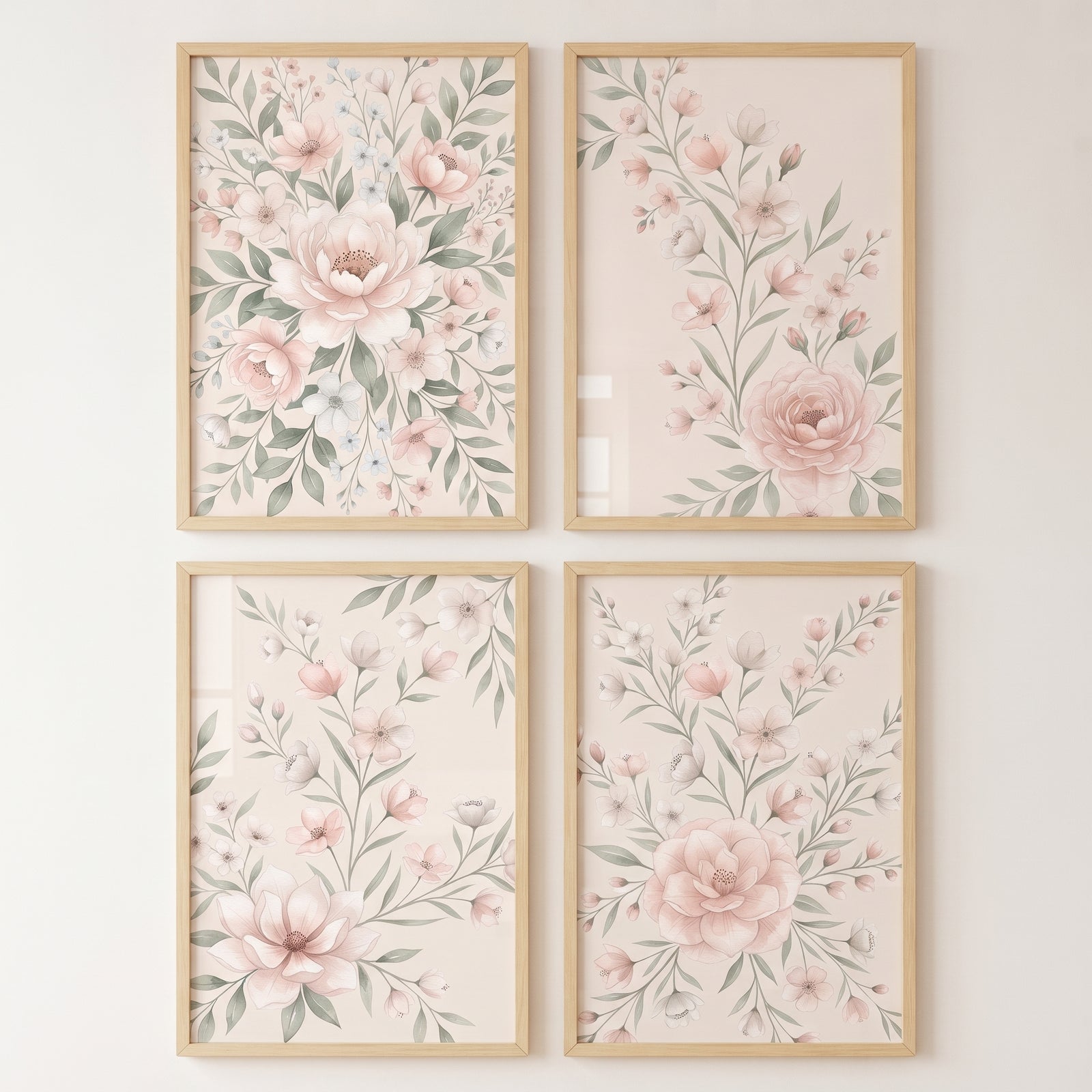 Creamy pink botanical floral wall art set of 4 with soft pink flowers and muted green leaves in light wood frames.