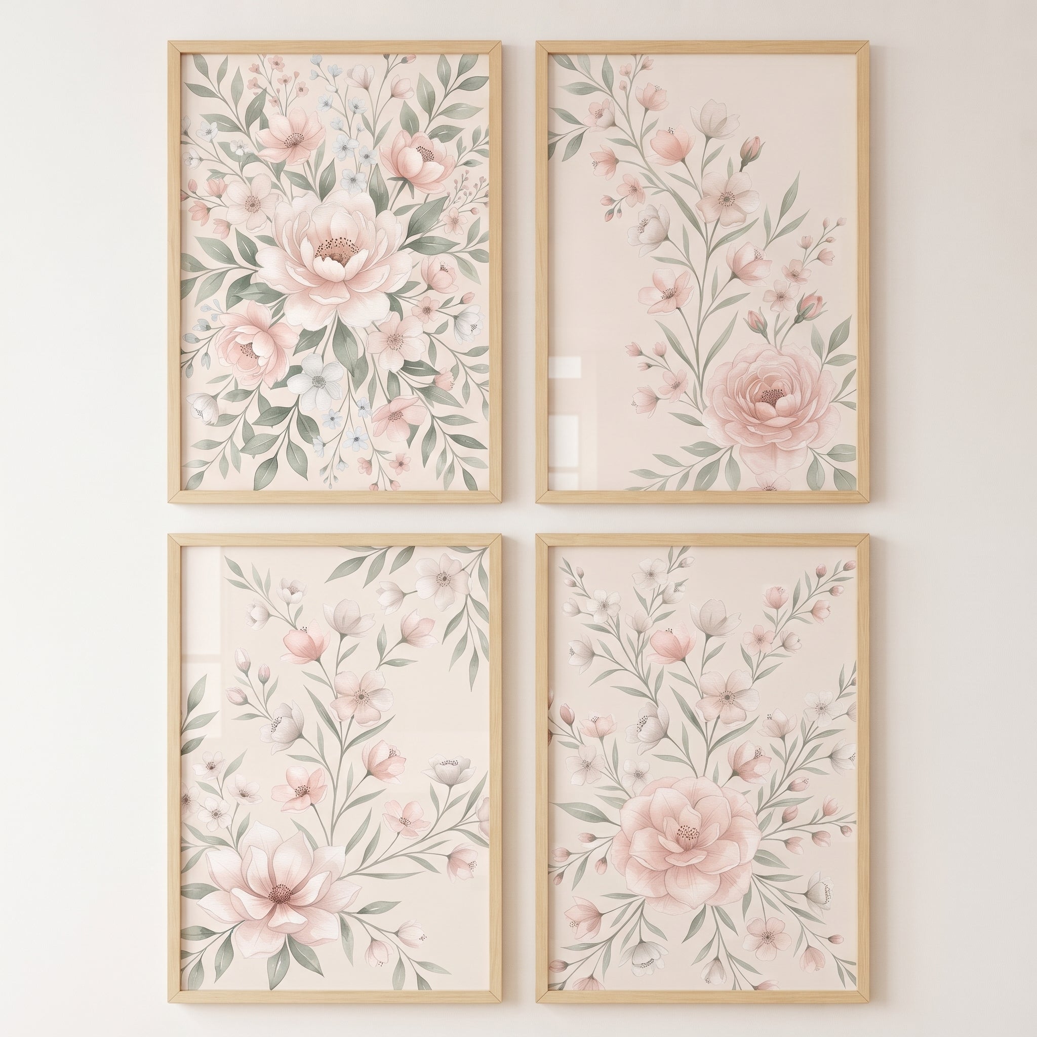 Creamy Pink Botanical Floral Wall Art Set of 4 - Blush Garden Set