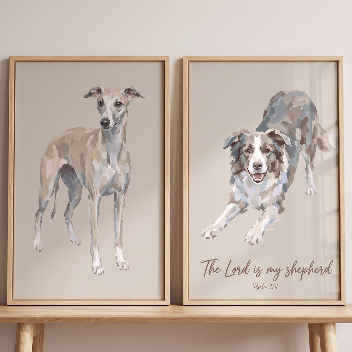 Creamy sand painterly dogs wall art set of 2 with a sighthound and a collie above the text The Lord is my shepherd.
