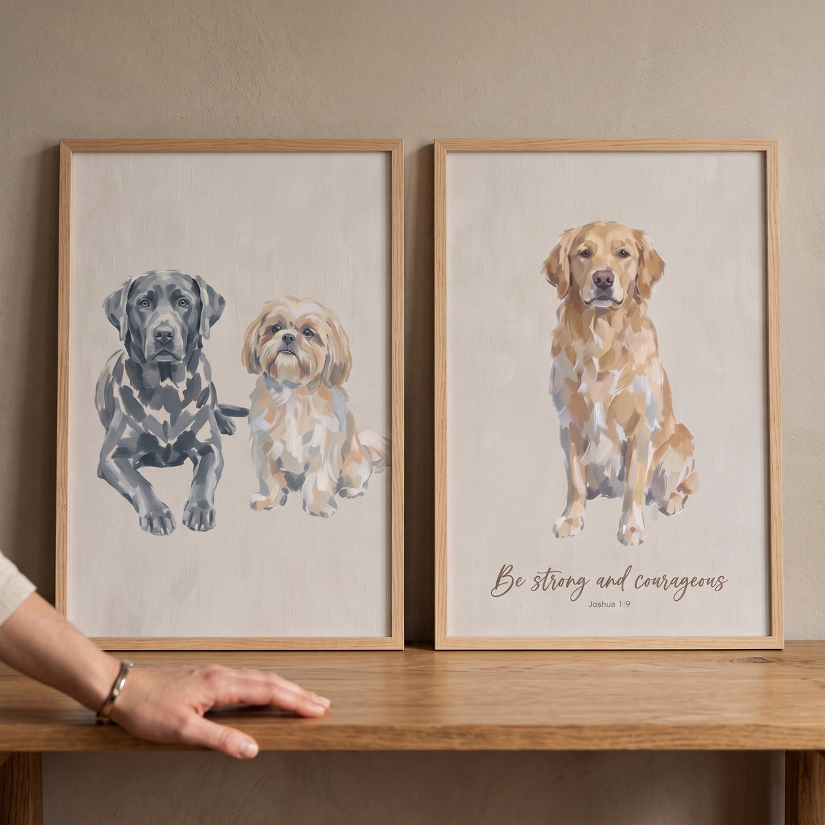 Creamy Tan Watercolor Dogs Wall Art Set of 2 - Courageous Pup Portraits