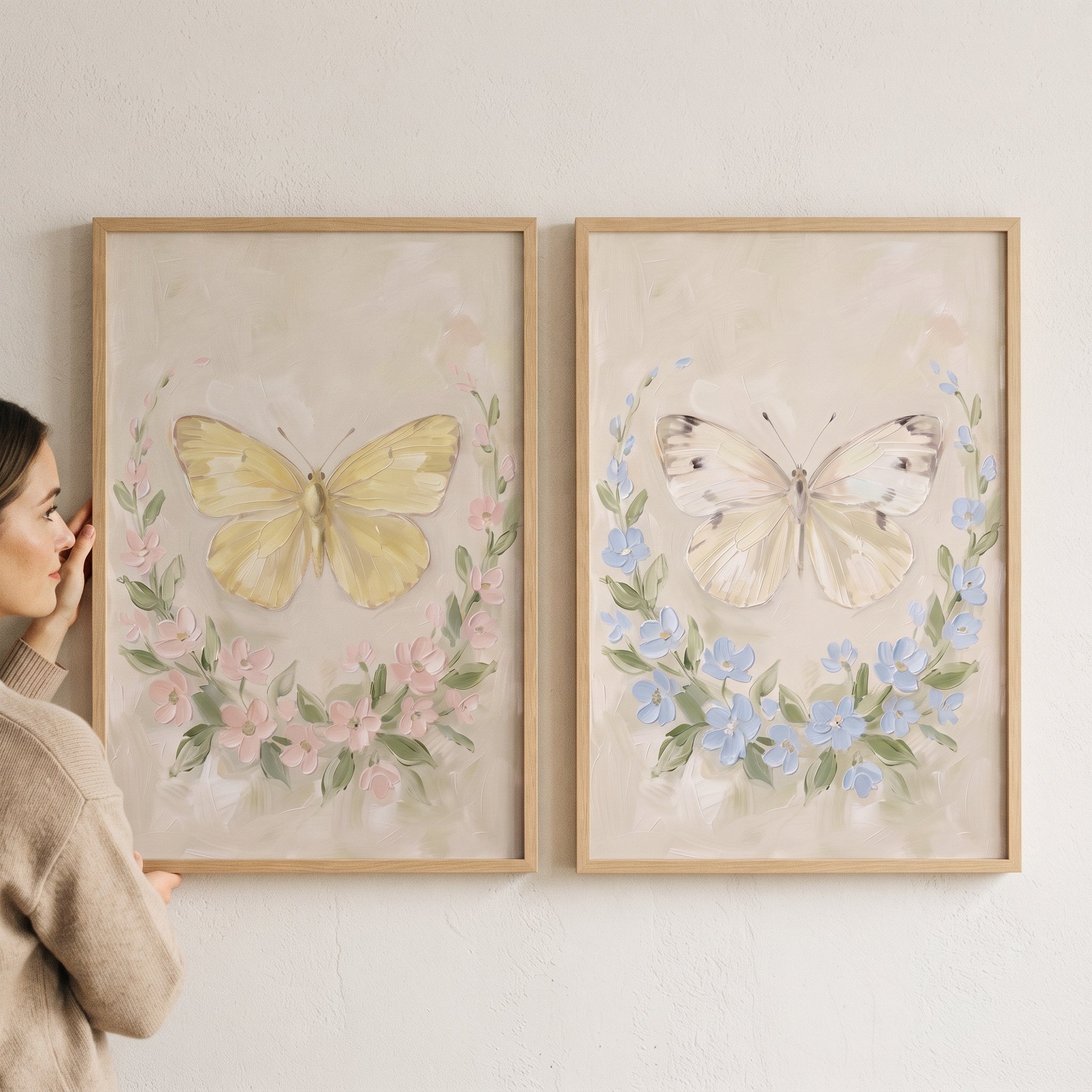 Creamy Textured Botanical Butterfly Wall Art Set of 2 - Pastel Winged Duo