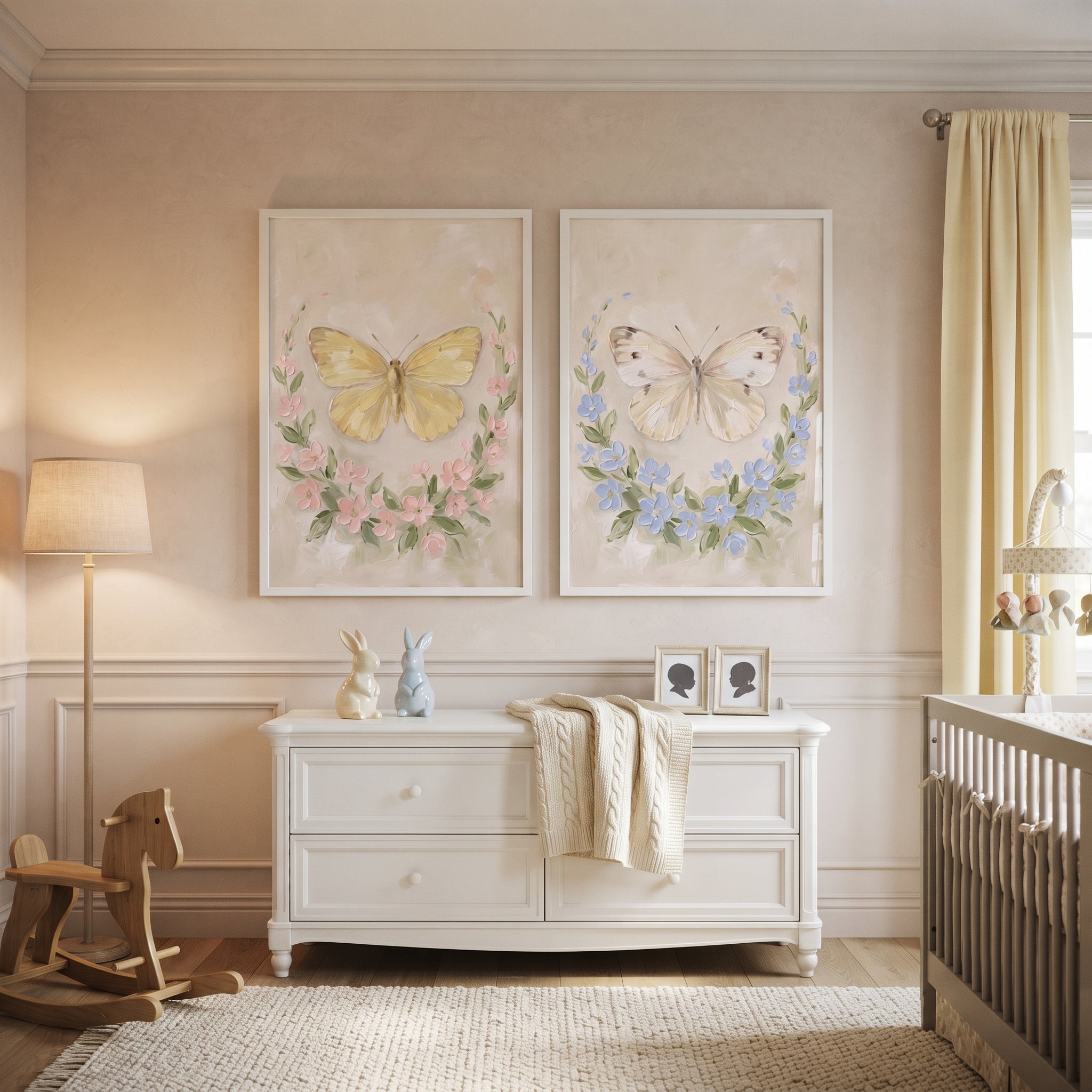 Creamy Textured Botanical Butterfly Wall Art Set of 2 - Pastel Winged Duo