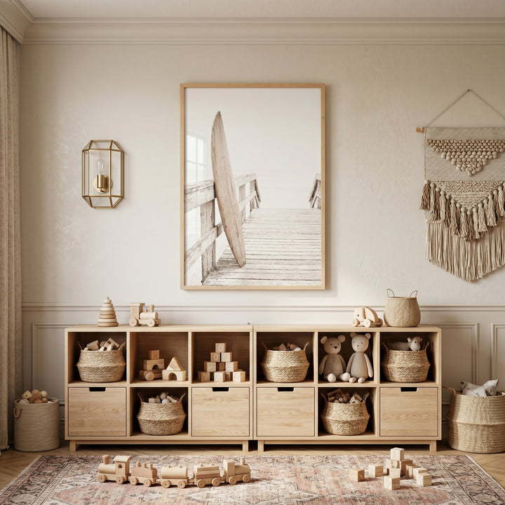 Creamy tones wood surfboard wall art hangs above cubby shelves filled with woven baskets, wooden toys, and stuffed bears.