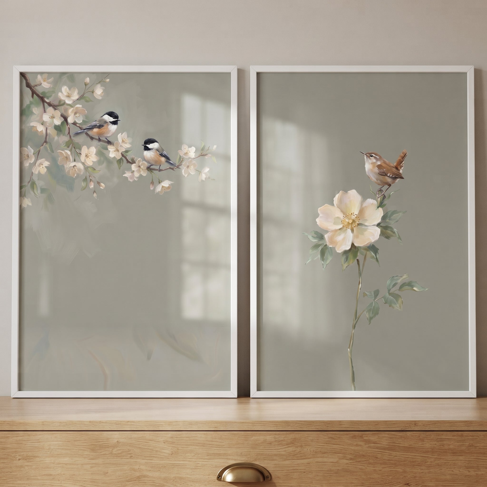 Creamy White Blossom Bird Wall Art Set of 2 - Songbirds And Blossoms