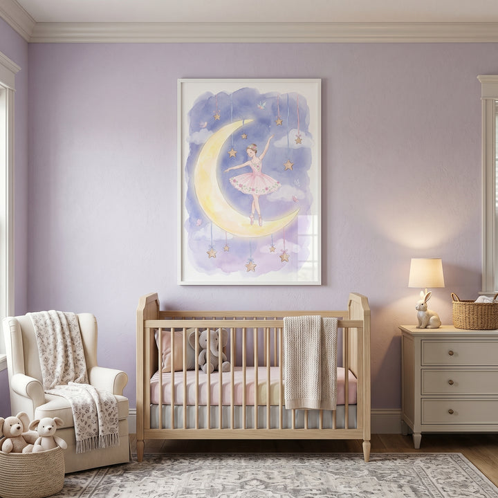 Crescent moon ballerina wall art hangs above a wooden crib in a lavender nursery with an armchair and dresser.