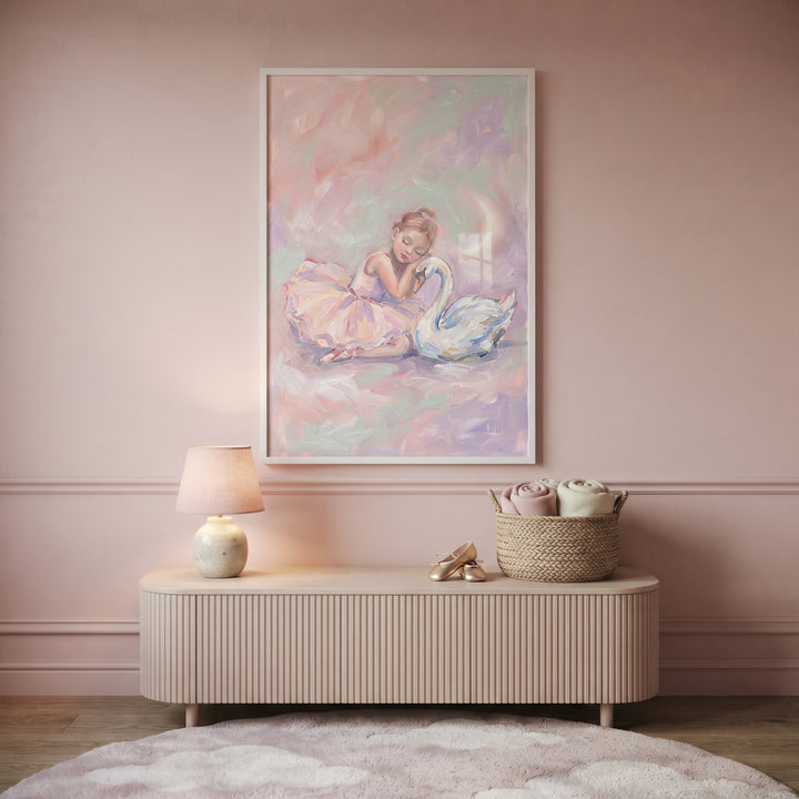 Crescent moon ballerina wall art hangs above a fluted console in a pink room with ballet shoes and a woven basket.
