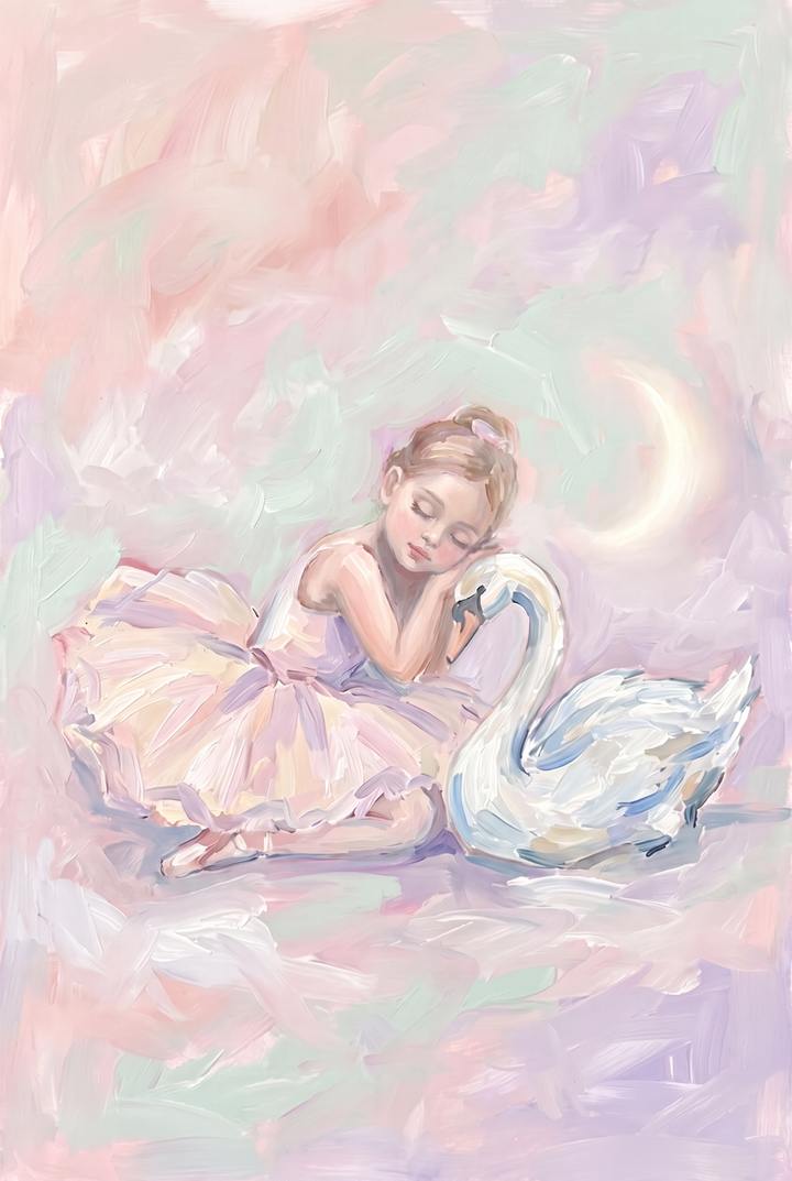 A young girl in a tutu rests her head on a white swan in this crescent moon ballerina wall art with pastel colors.