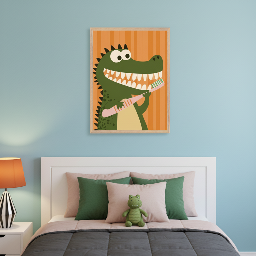 Kid's bedroom with a white headboard, gray comforter, and a green frog plush toy. A framed cartoon print of a green crocodile brushing its teeth hangs centered above the bed.