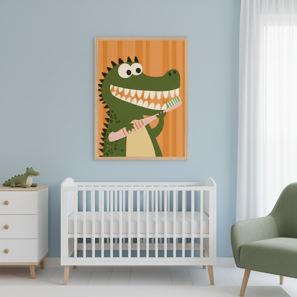 Modern nursery with a white crib, dresser, and green armchair. Above the crib, a framed cartoon print of a green dinosaur brushing teeth on an orange striped background hangs on a light blue wall.
