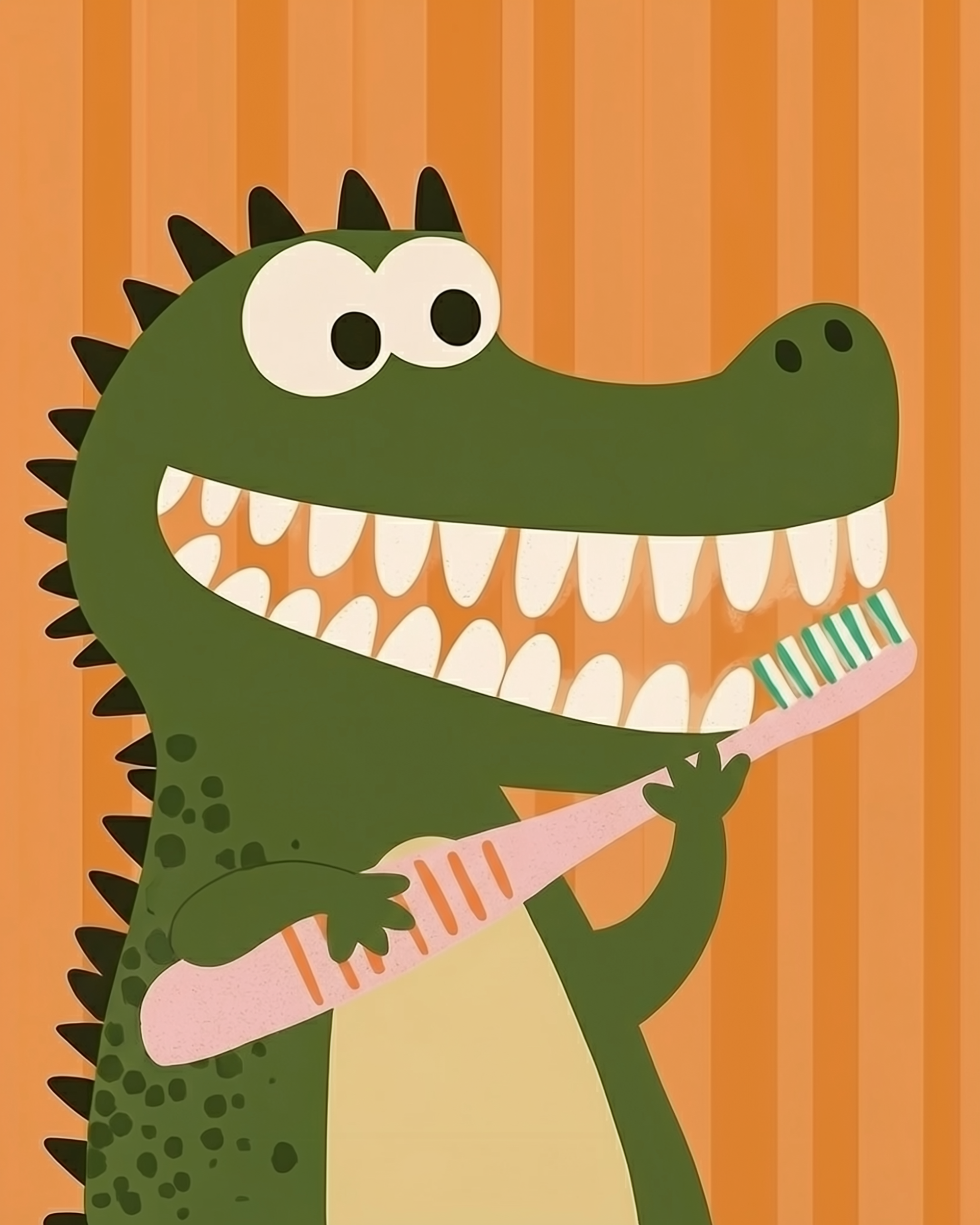 A playful cartoon crocodile with a big toothy grin holds a pink toothbrush with green and orange bristles against a striped orange background. This cheerful image encourages good dental hygiene in a fun and friendly way for kids.
